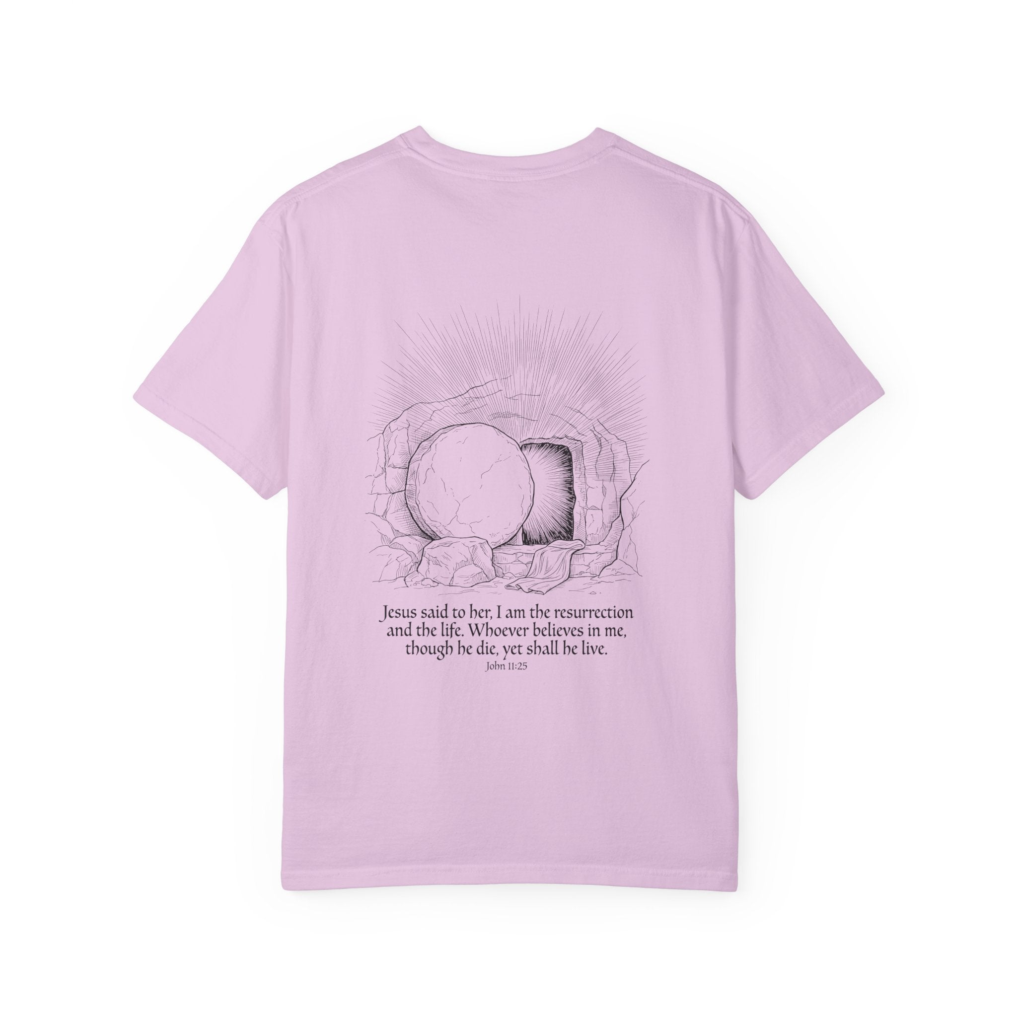 Christian Cross T-Shirt — Resurrection Tomb Design with John 11:25 Scripture
