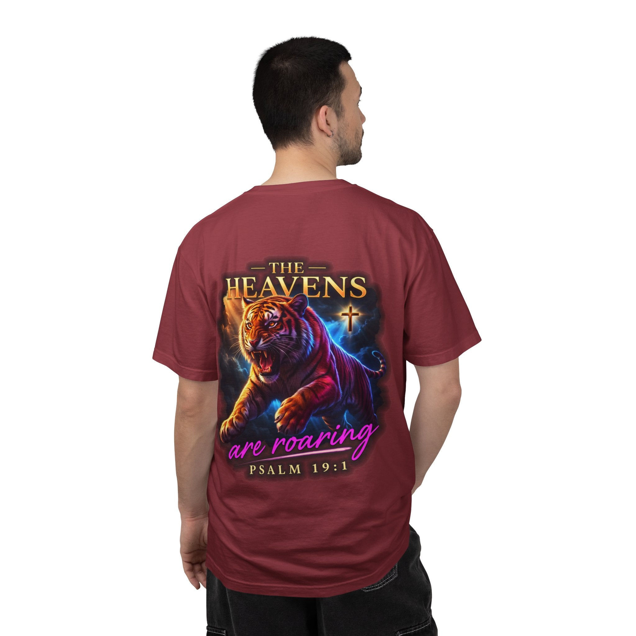 Christian Tiger T-Shirt — “The Heavens Are Roaring” Psalm 19:1 Graphic Tee