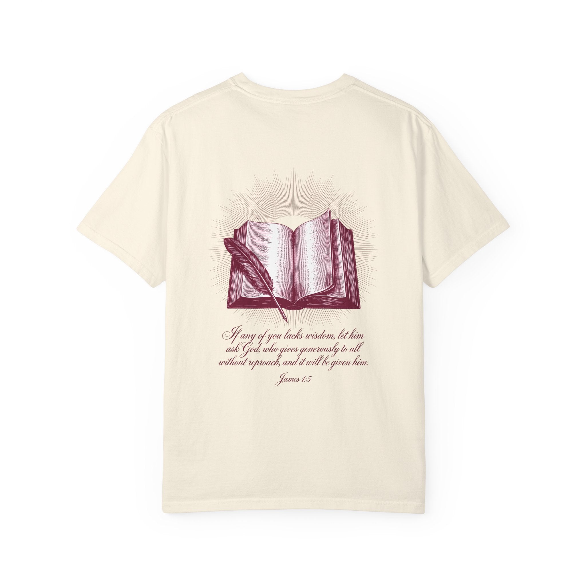 Christian Cross T-Shirt — Illustrated Bible Back Print with James 1:5 Quote
