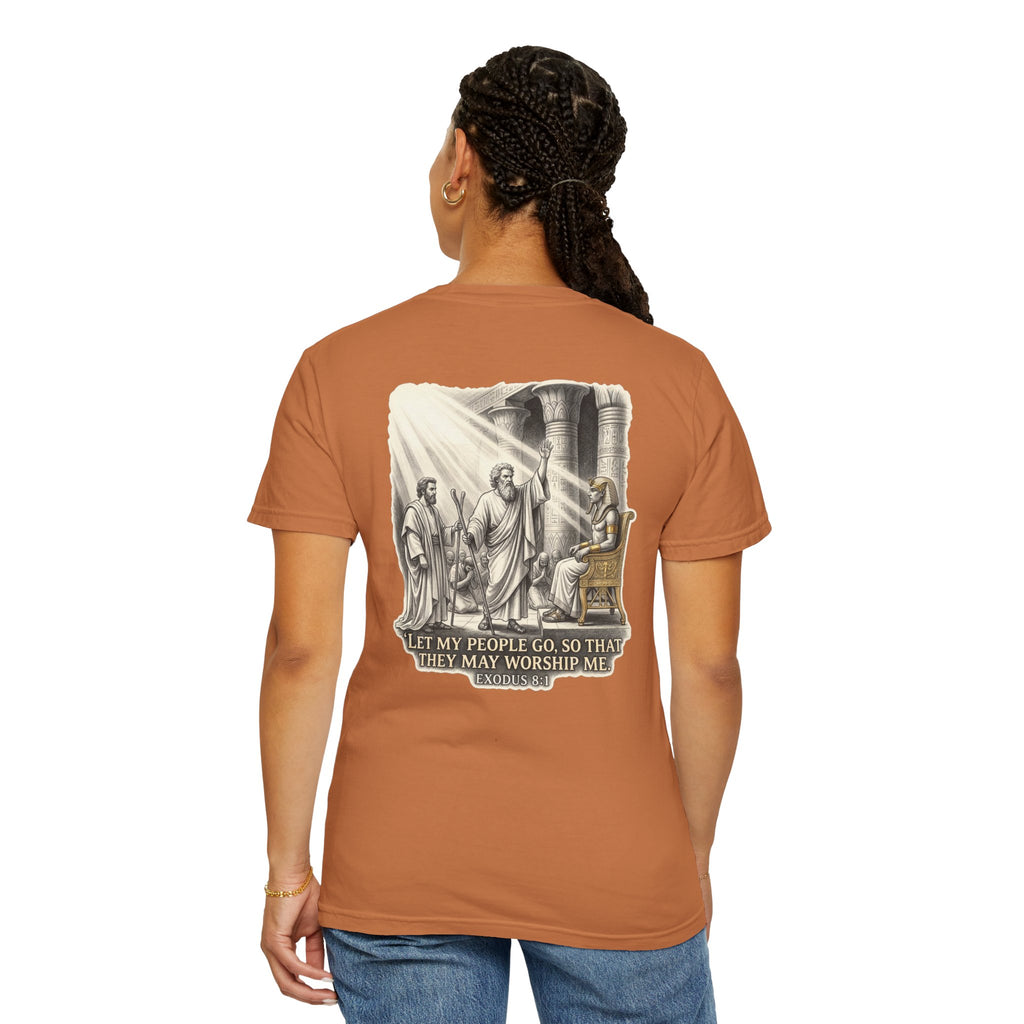 Religious T-Shirt — Small Cross Front & 'Let My People Go' Back Graphic