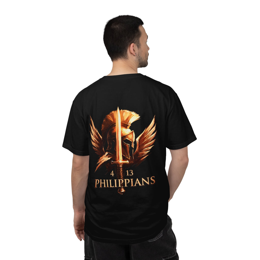 Christian Philippians 4:13 T-Shirt — Warrior Helmet Cross Graphic Tee