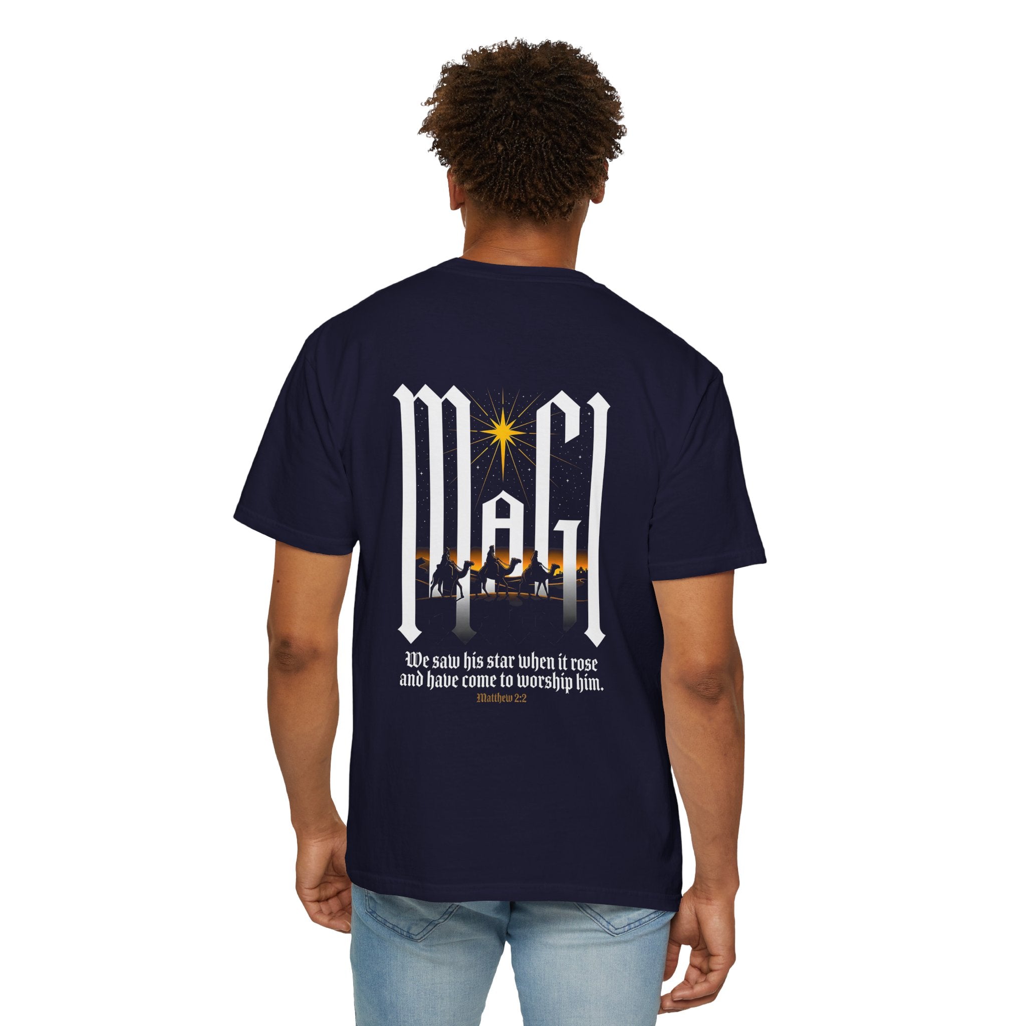 Christian Cross T-Shirt — 'We Saw His Star' Nativity Backprint Tee
