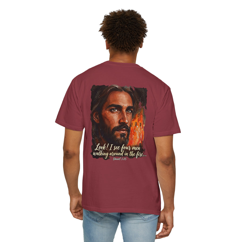 Christian T-Shirt — Jesus with Three Crosses & Daniel 3:25 Verse Back Print