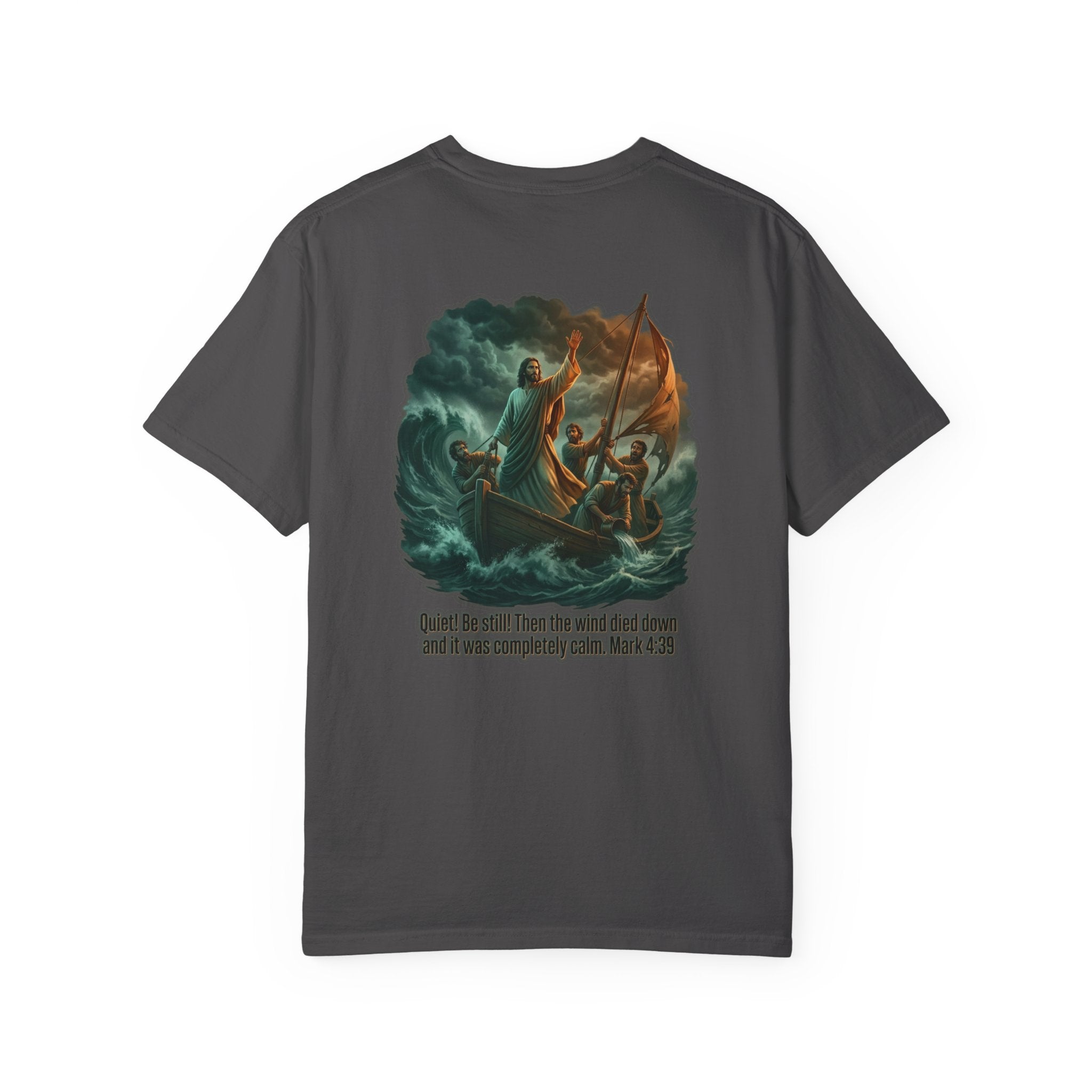 Christian Faith T-Shirt — 'He Said, "Be Still"' Boat Scene with Matthew 8:23-27 Biblical Tee