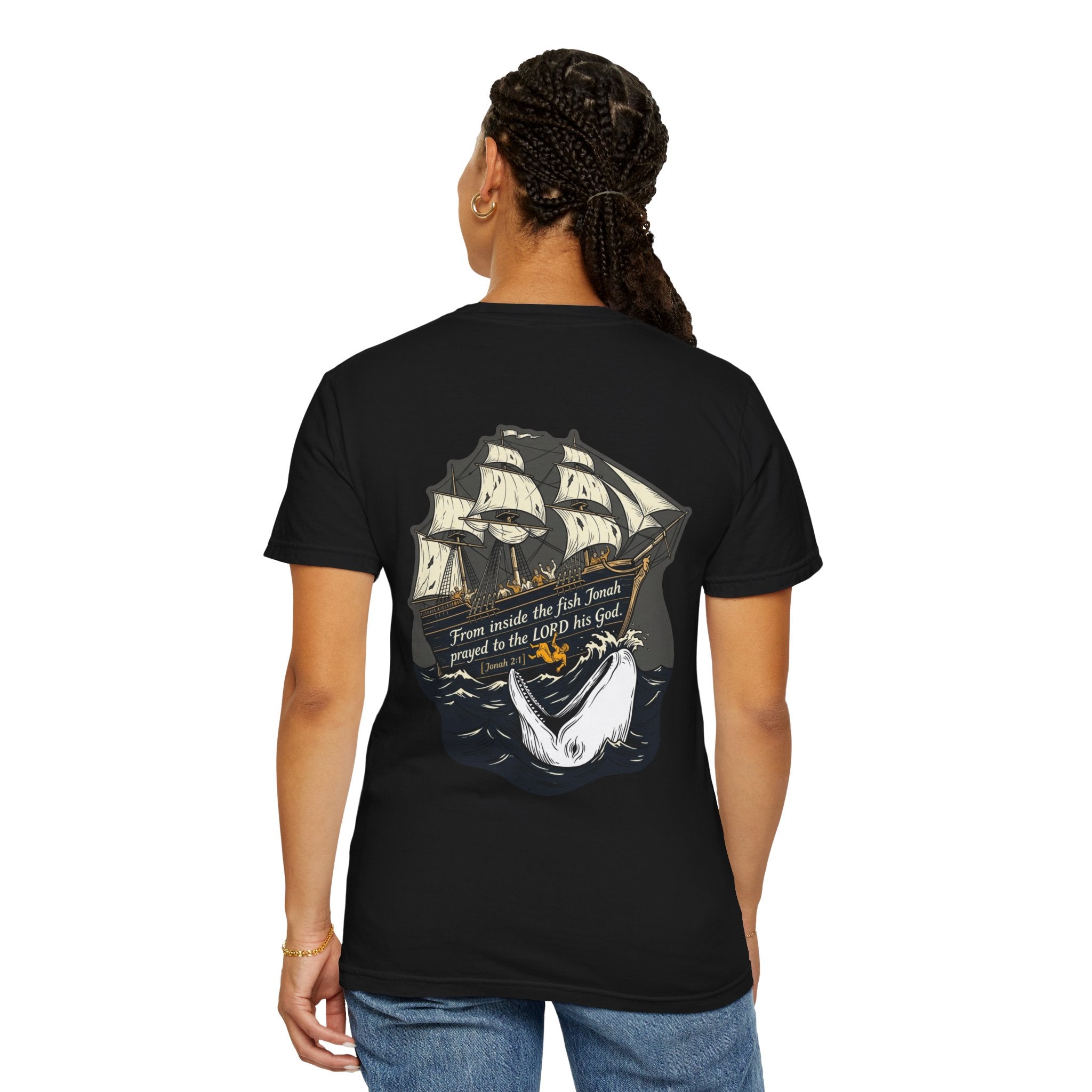 Christian Ship & Whale T-Shirt — 'From inside the fish Jonah prayed to the LORD his God' Chest Cross