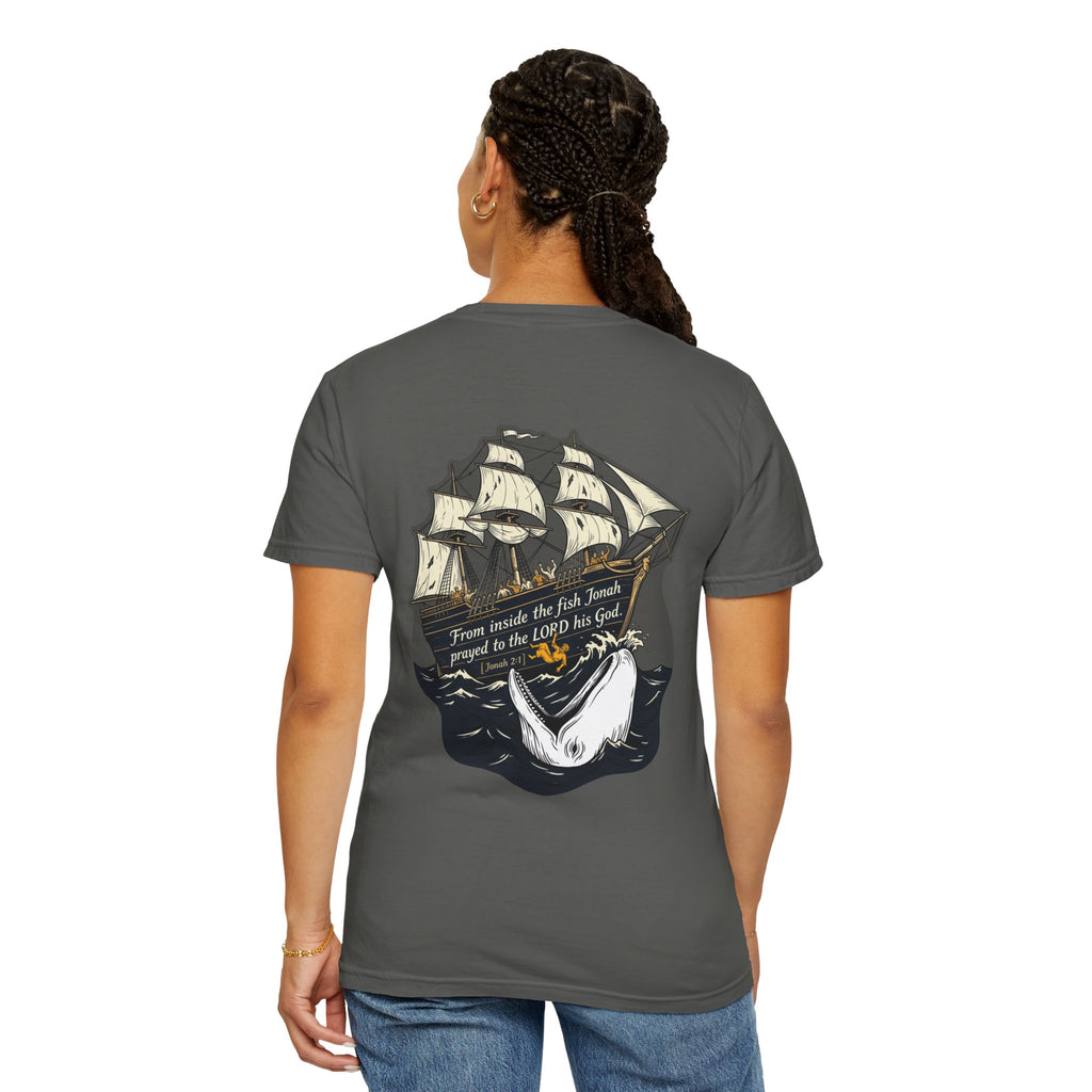 Christian Ship & Whale T-Shirt — 'From inside the fish Jonah prayed to the LORD his God' Chest Cross