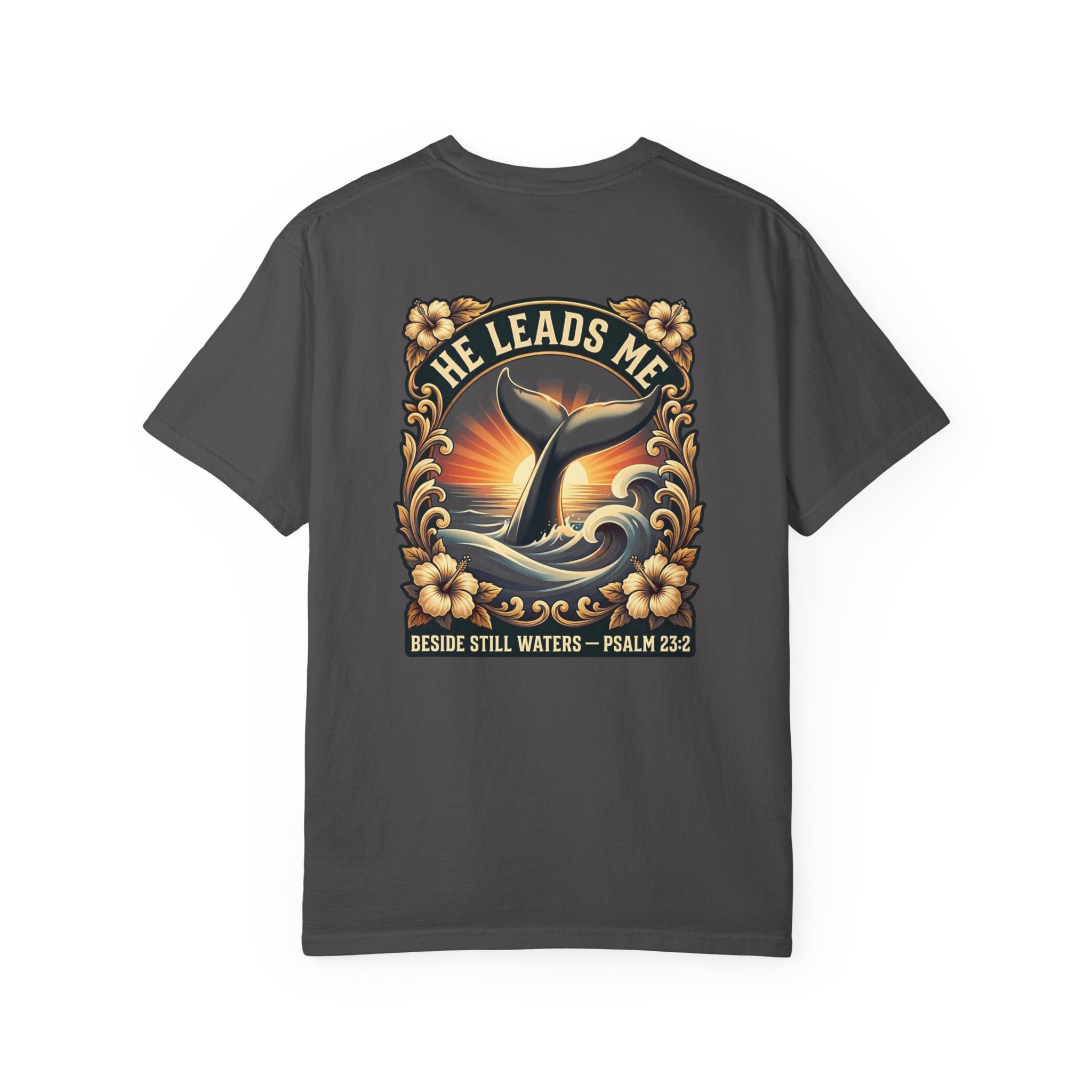Christian Cross T-Shirt — "He Leads Me" Whale Psalm 23:2 Graphic Tee