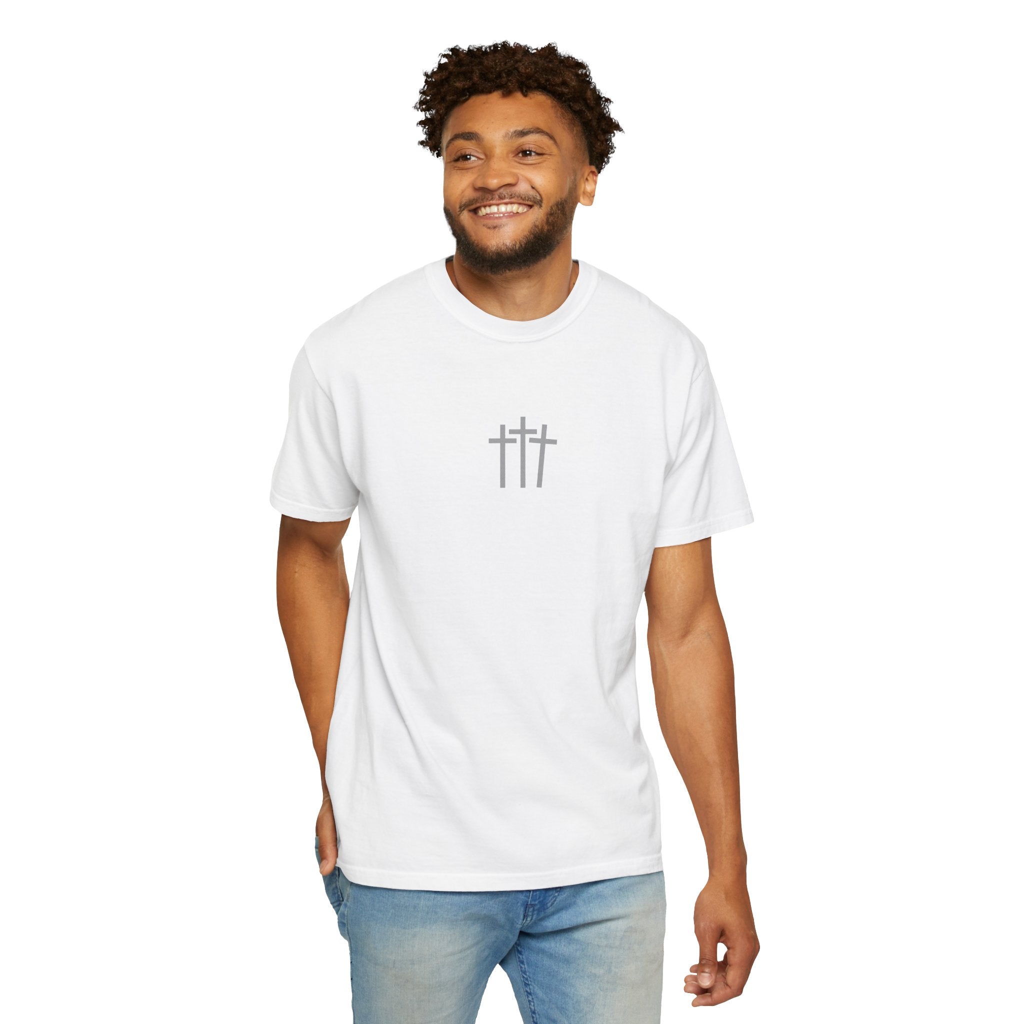 Christian Dove T-Shirt — Three Crosses Front & Dove Back with Scripture