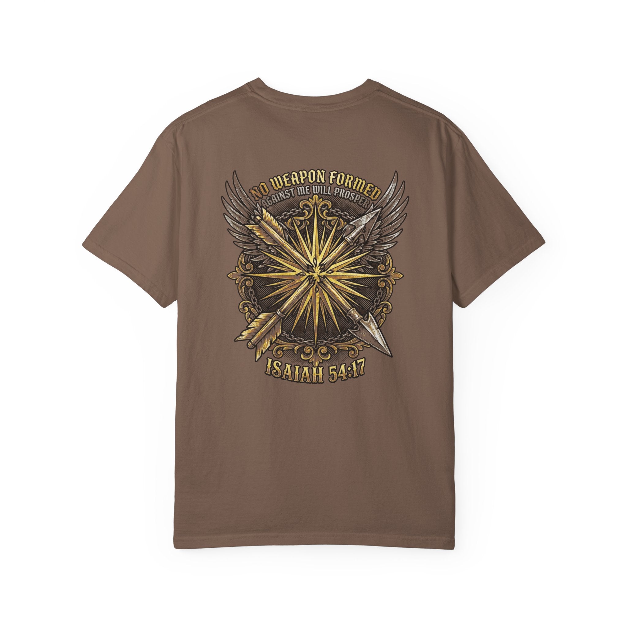 Christian Cross T-Shirt — "No Weapon Formed" Isaiah 54:17 Garment-Dyed Tee