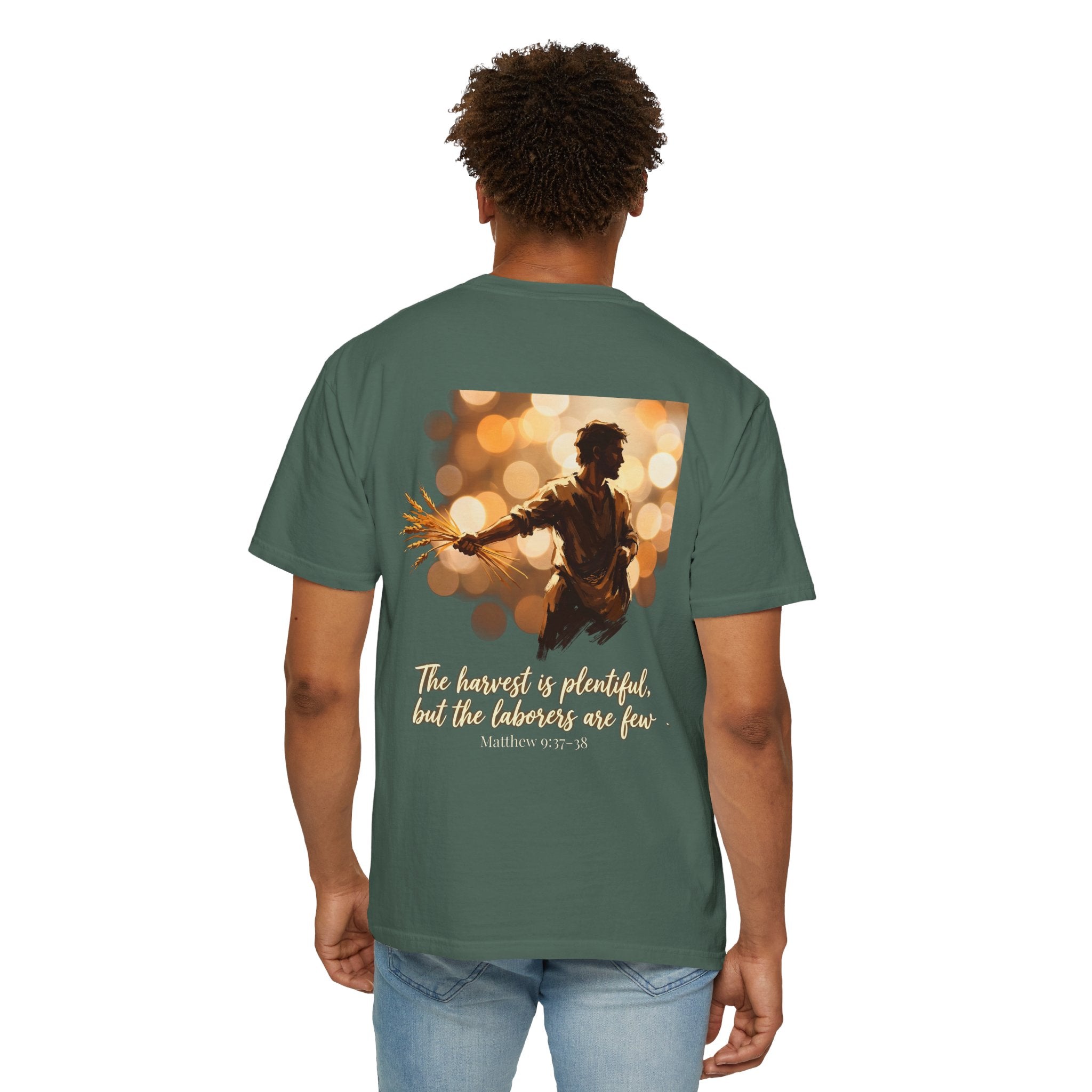 Christian Cross T-Shirt — "The harvest is plentiful, but the laborers are few" Back Graphic
