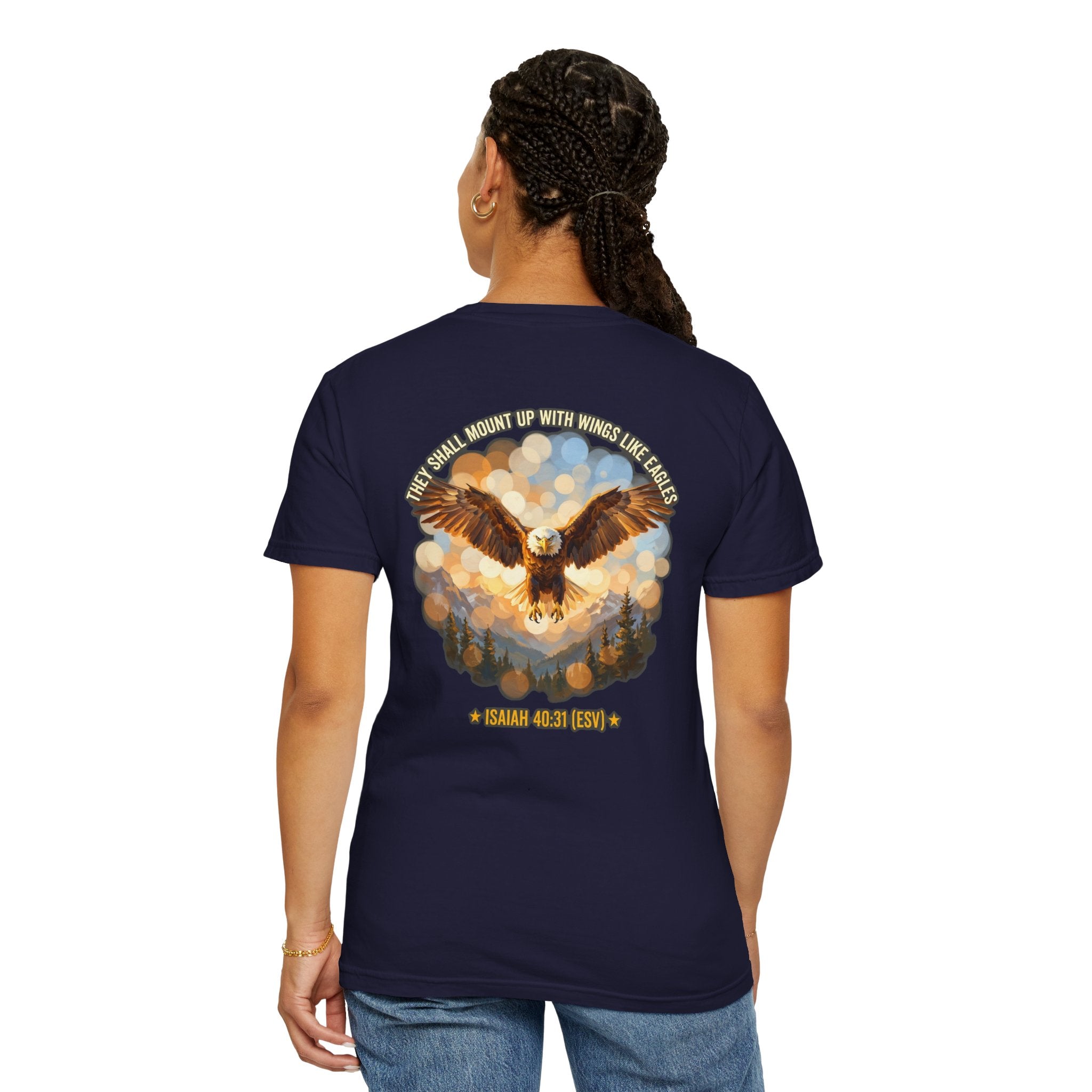 Eagle & Cross Christian T‑Shirt — "They Shall Mount Up with Wings" (Isaiah 40:31)