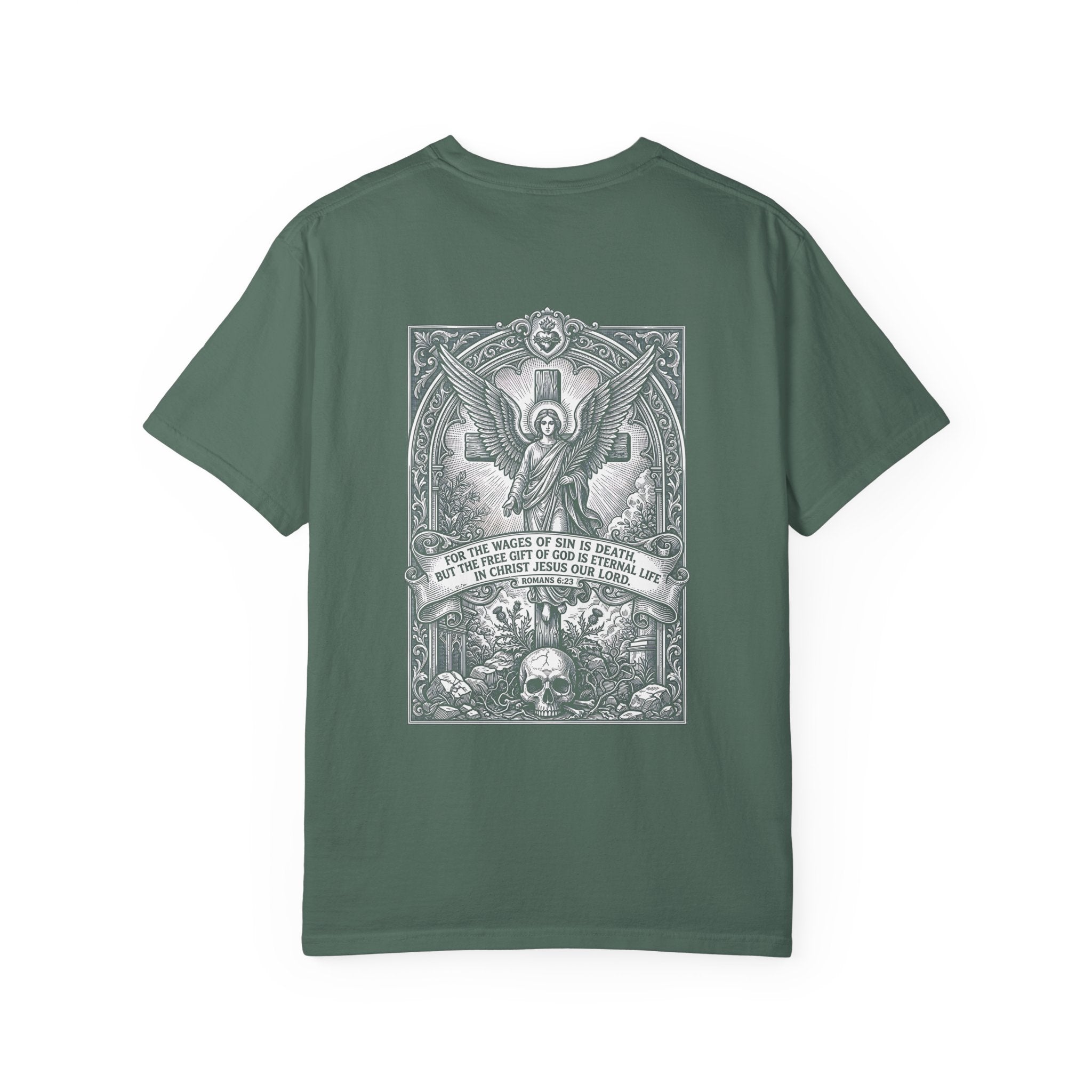 Religious Graphic T-Shirt — Angel, Skull & Scripture Back Print