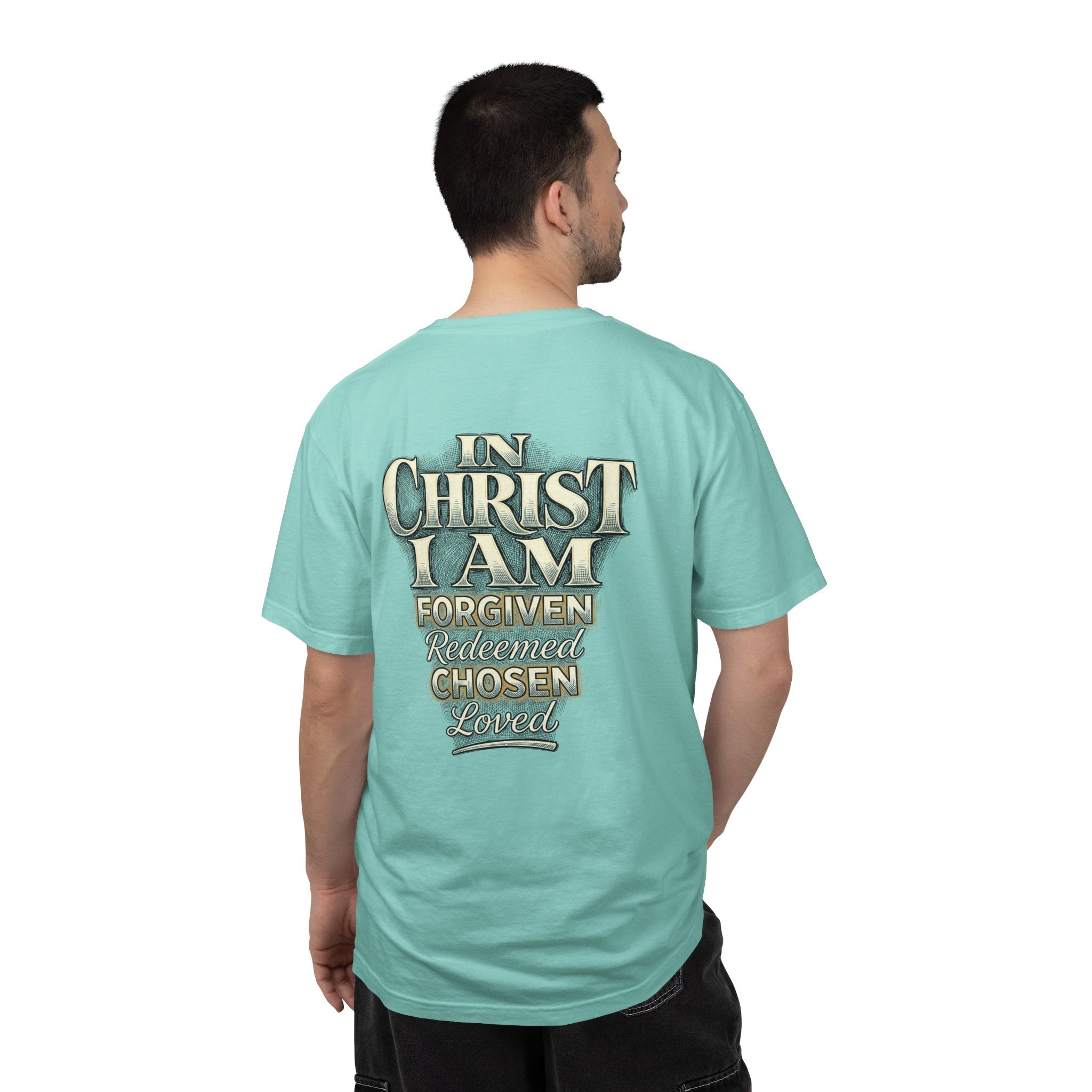 Christian Cross T-Shirt — "In Christ I Am Forgiven, Redeemed, Chosen" Faith Tee