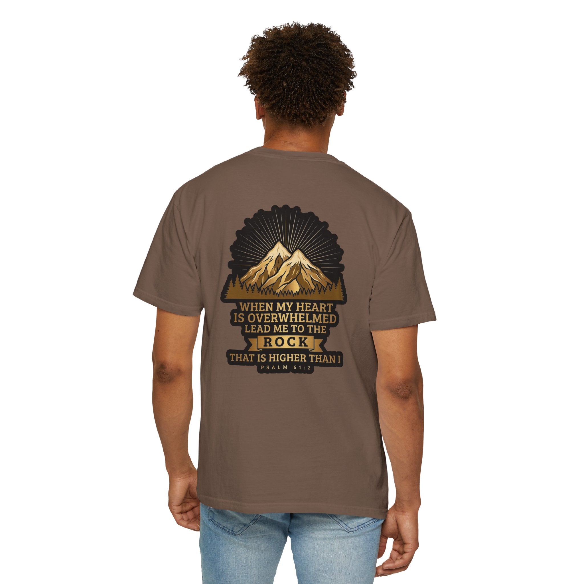 Christian T-Shirt — "When My Heart Is Overwhelmed" Psalm 61:2 Mountain Cross Tee