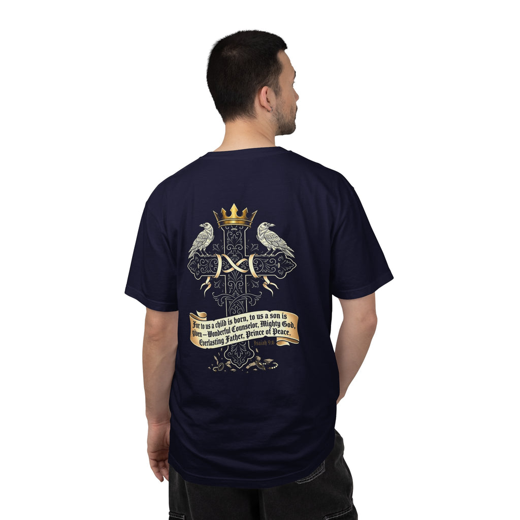 Christian Cross Tee — "For to us a child is born" Scripture Graphic T-Shirt