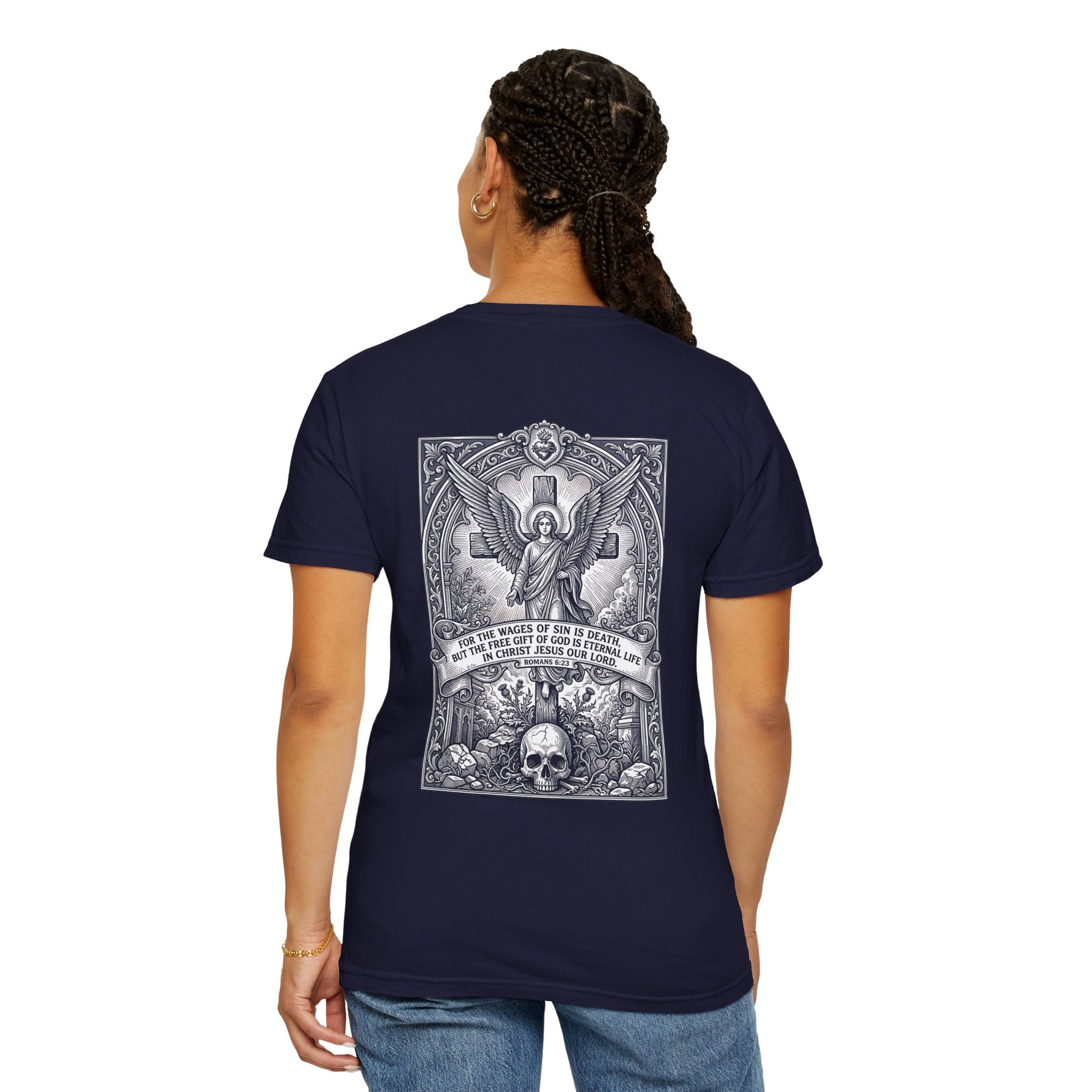 Religious Graphic T-Shirt — Angel, Skull & Scripture Back Print
