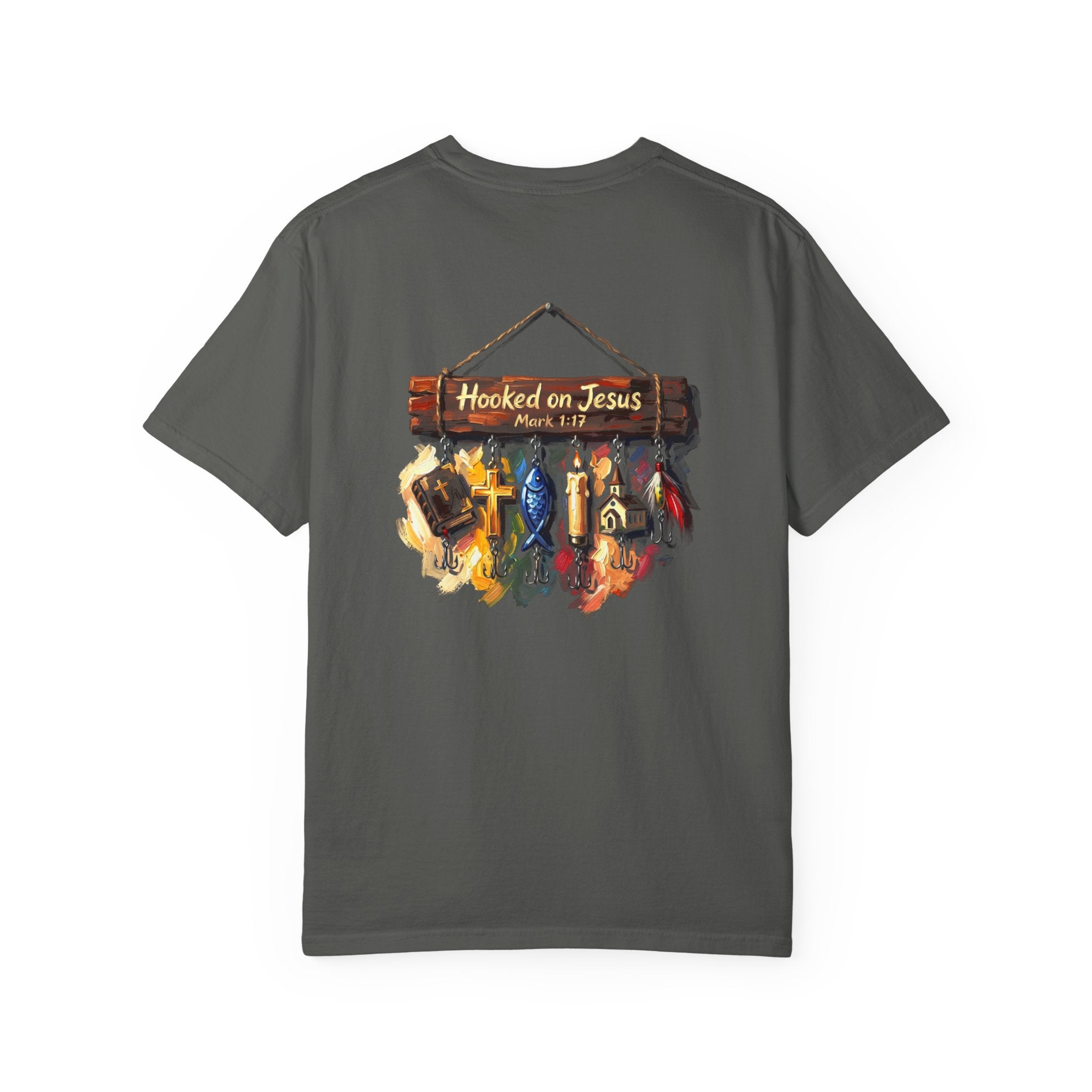 Christian Fishing T-Shirt — “Hooked on Jesus” Graphic Tee with Small Front Cross