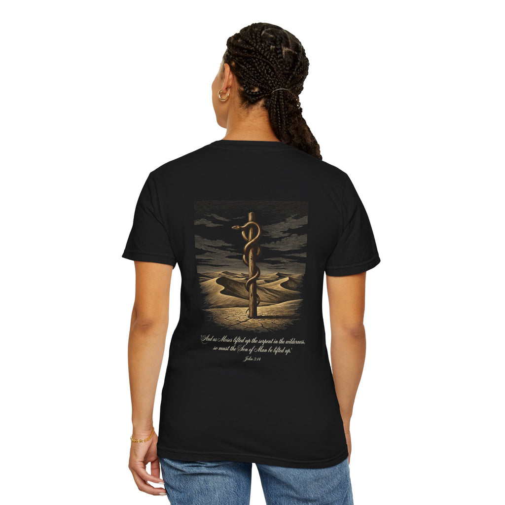 Christian Cross T-Shirt — Biblical Staff of Moses Desert Design with Scripture