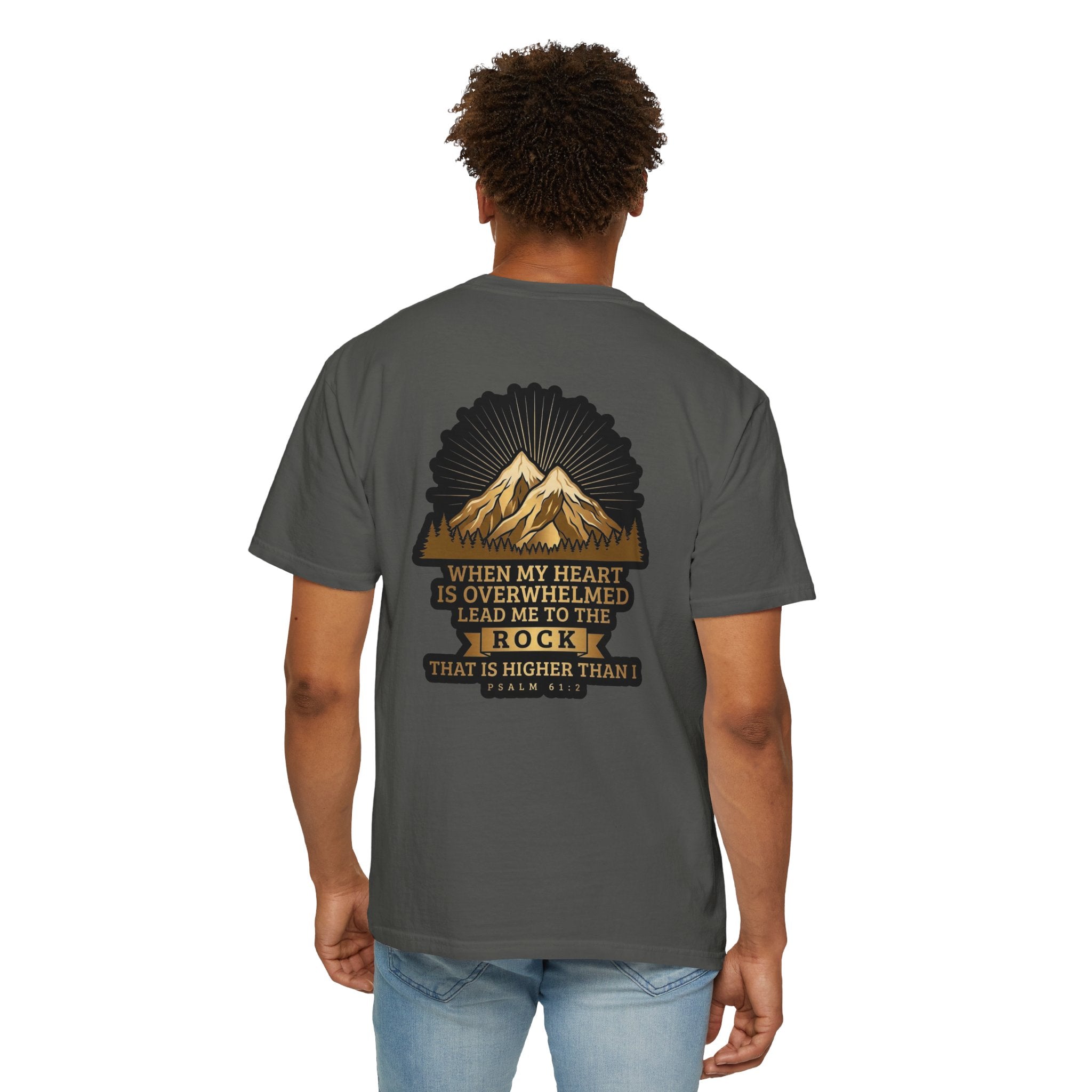 Christian T-Shirt — "When My Heart Is Overwhelmed" Psalm 61:2 Mountain Cross Tee