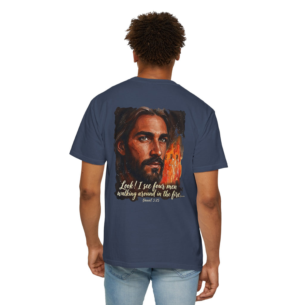 Christian T-Shirt — Jesus with Three Crosses & Daniel 3:25 Verse Back Print