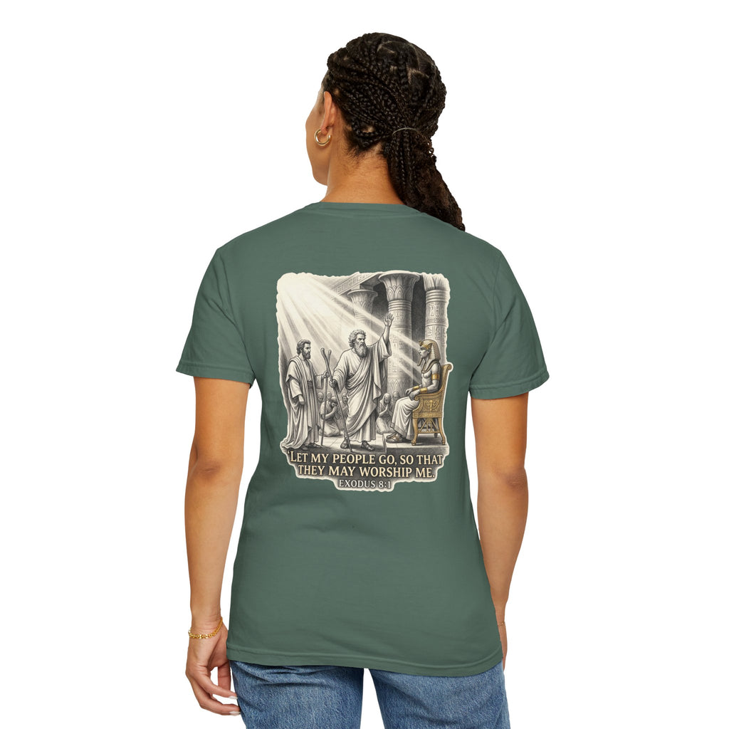 Religious T-Shirt — Small Cross Front & 'Let My People Go' Back Graphic