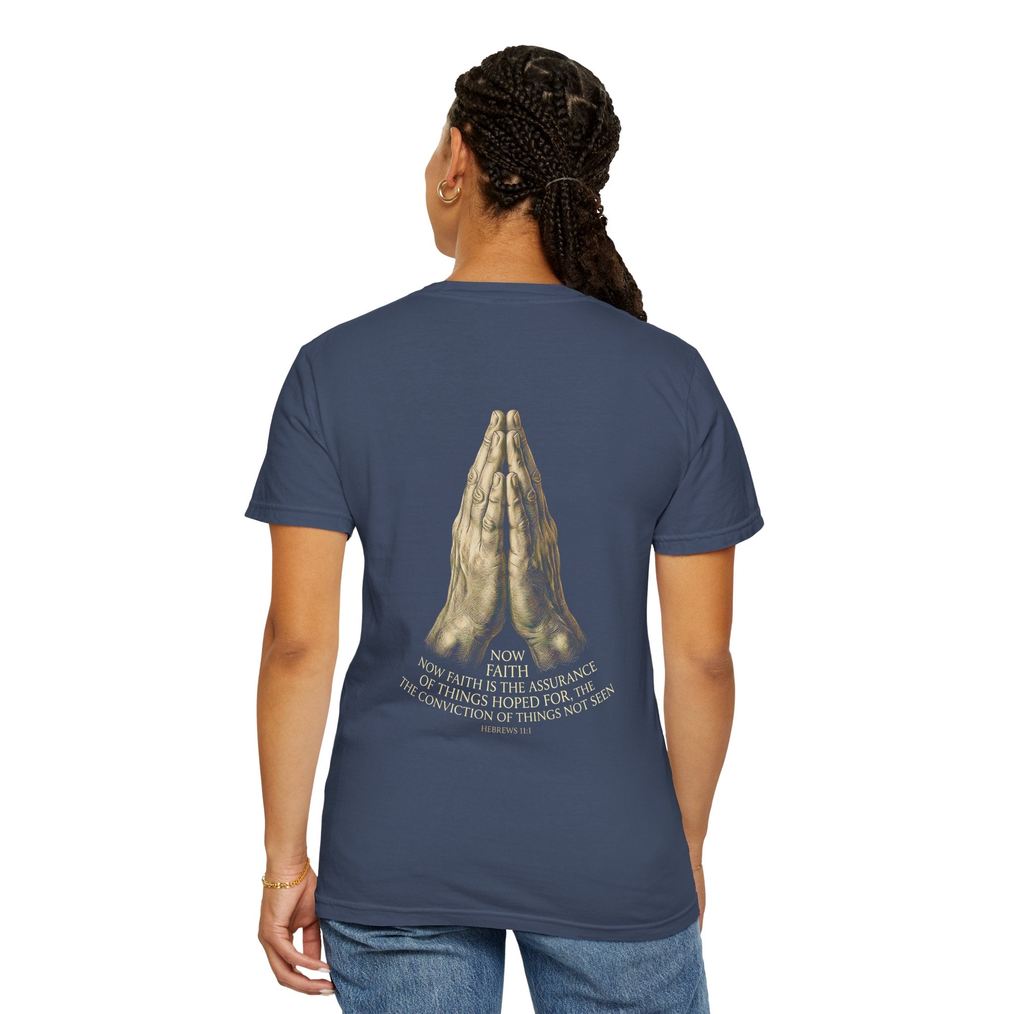 Prayer Hands Cross T‑Shirt — Christian Faith Tee with Back Scripture Design