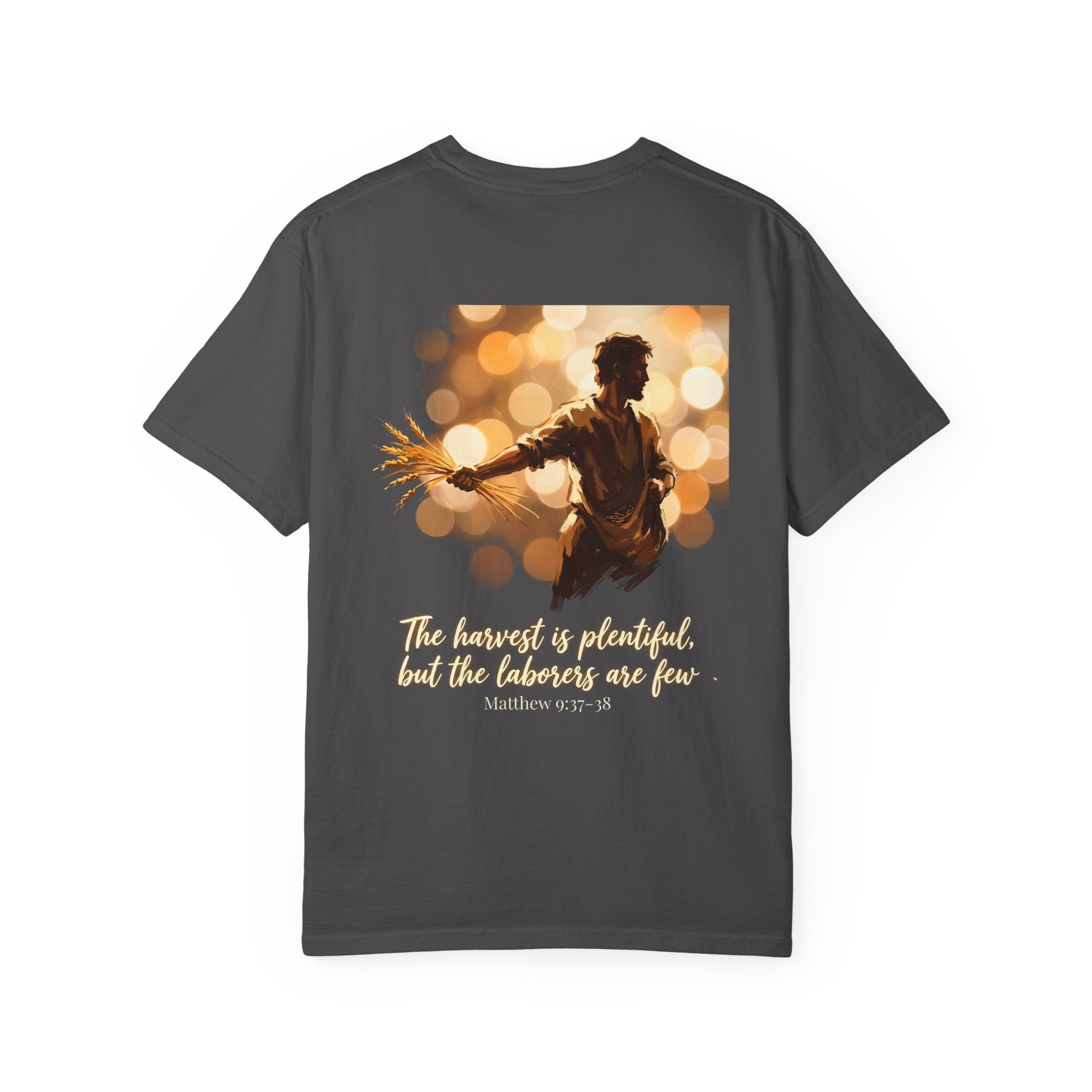 Christian Cross T-Shirt — "The harvest is plentiful, but the laborers are few" Back Graphic