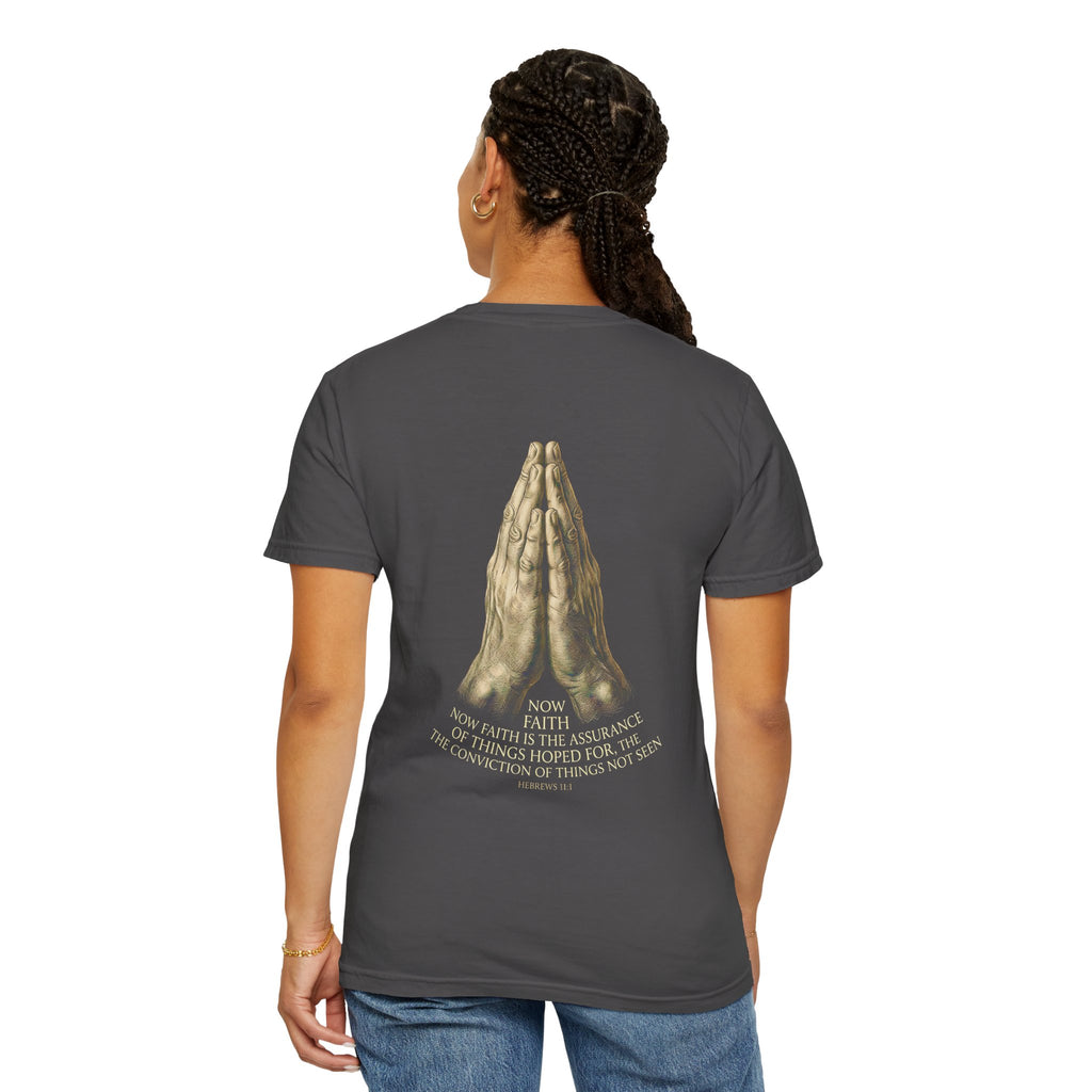 Prayer Hands Cross T‑Shirt — Christian Faith Tee with Back Scripture Design