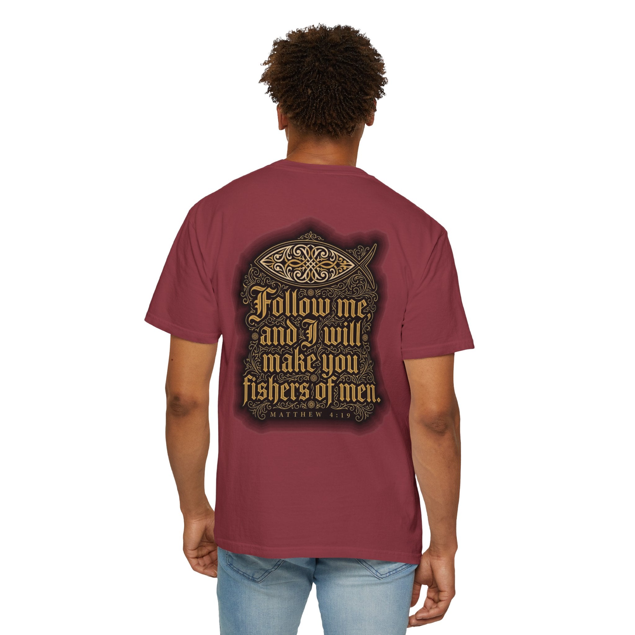 Christian Cross T-Shirt — "Follow Me and I Will Make You Fishers of Men" Back Graphic