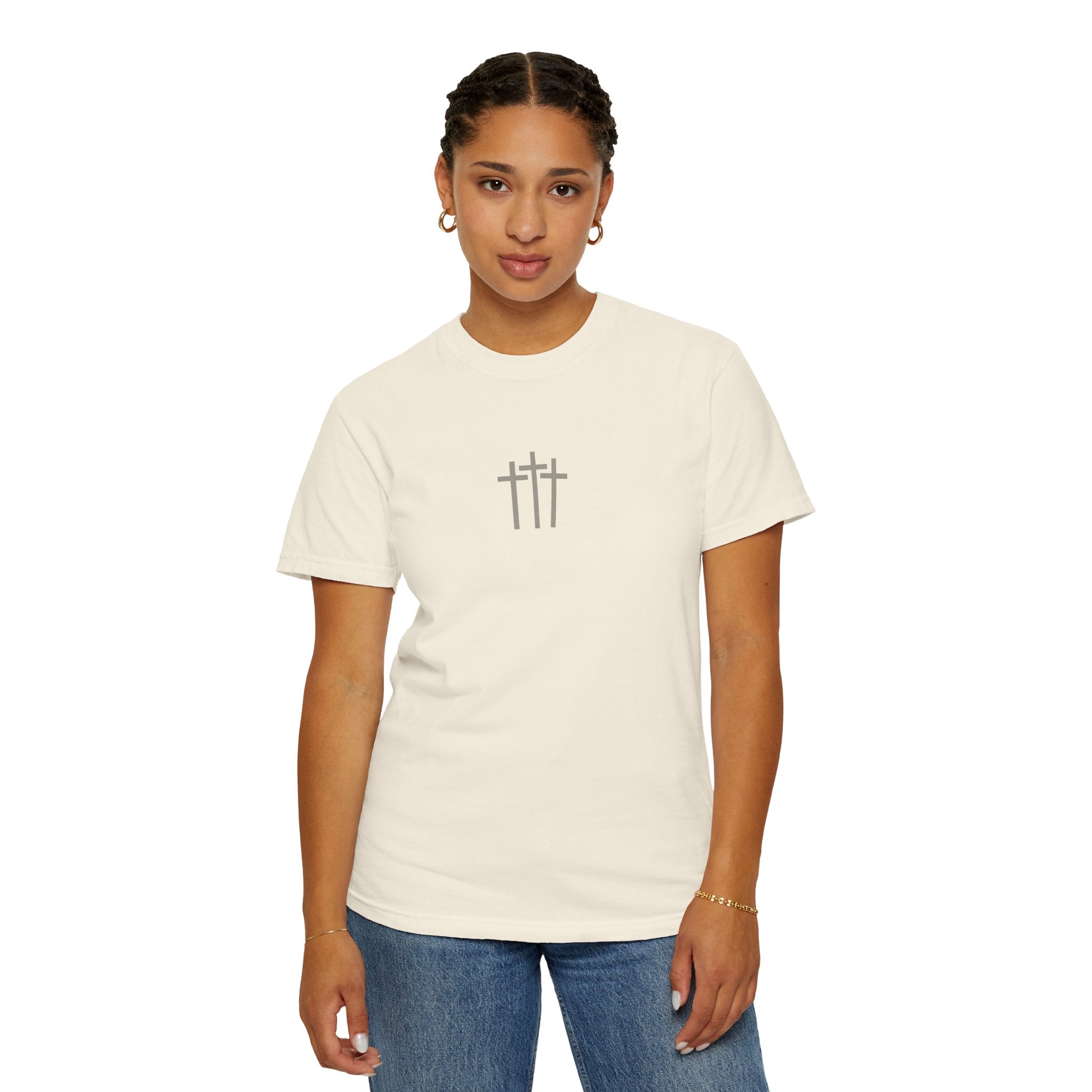 Christian Dove T-Shirt — Three Crosses Front & Dove Back with Scripture