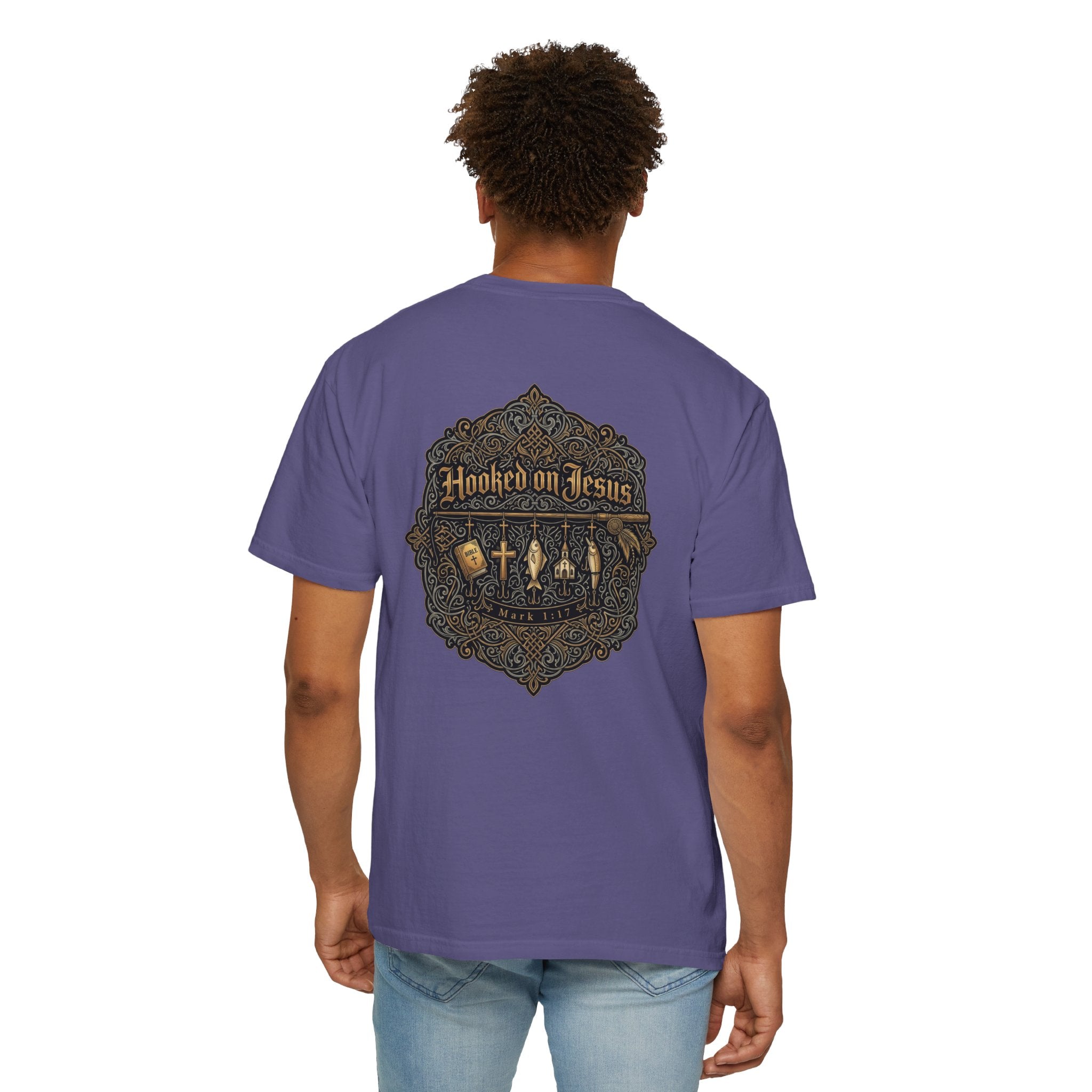 Hooked on Jesus T‑Shirt — Small Front Cross & Ornate Back Graphic