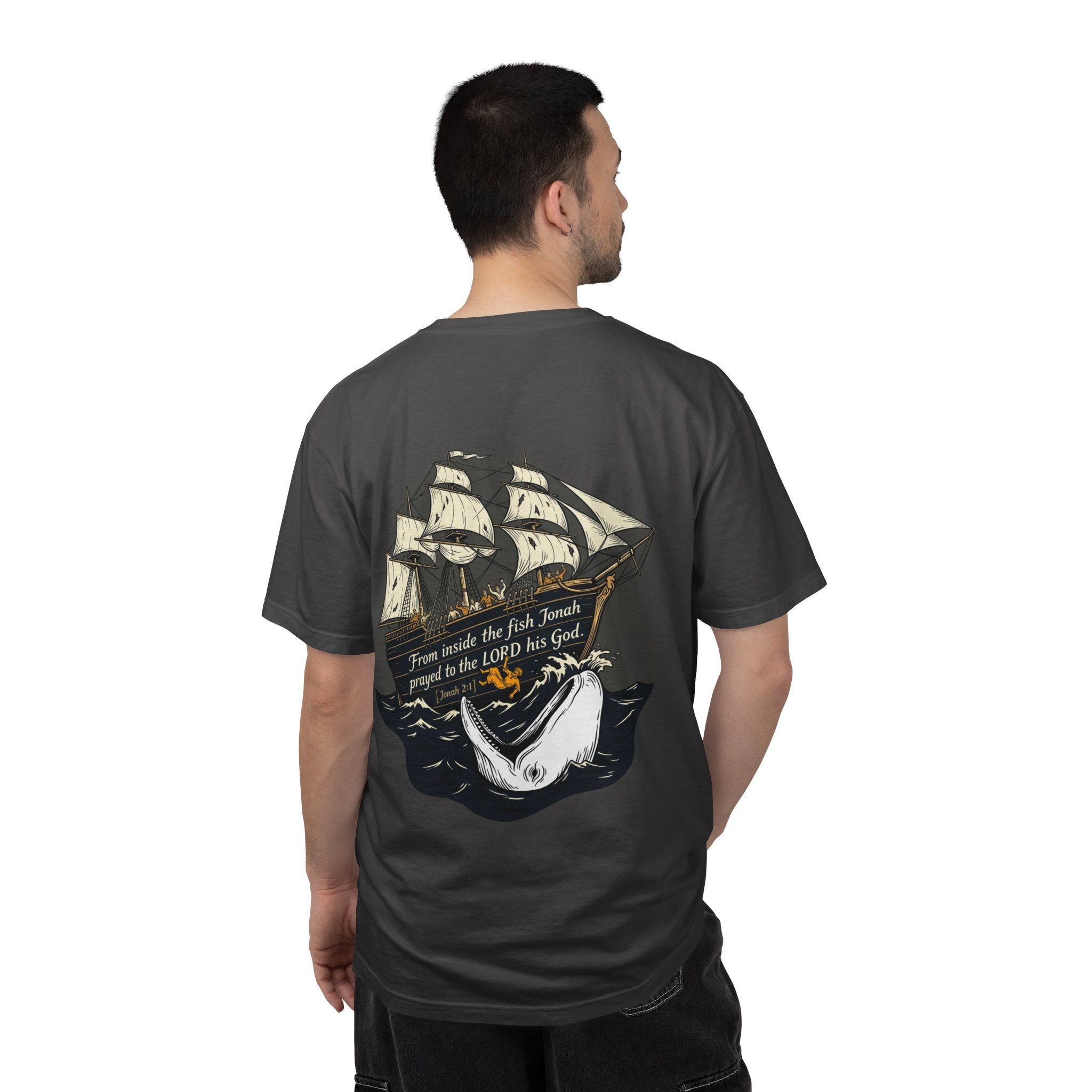 Christian Ship & Whale T-Shirt — 'From inside the fish Jonah prayed to the LORD his God' Chest Cross