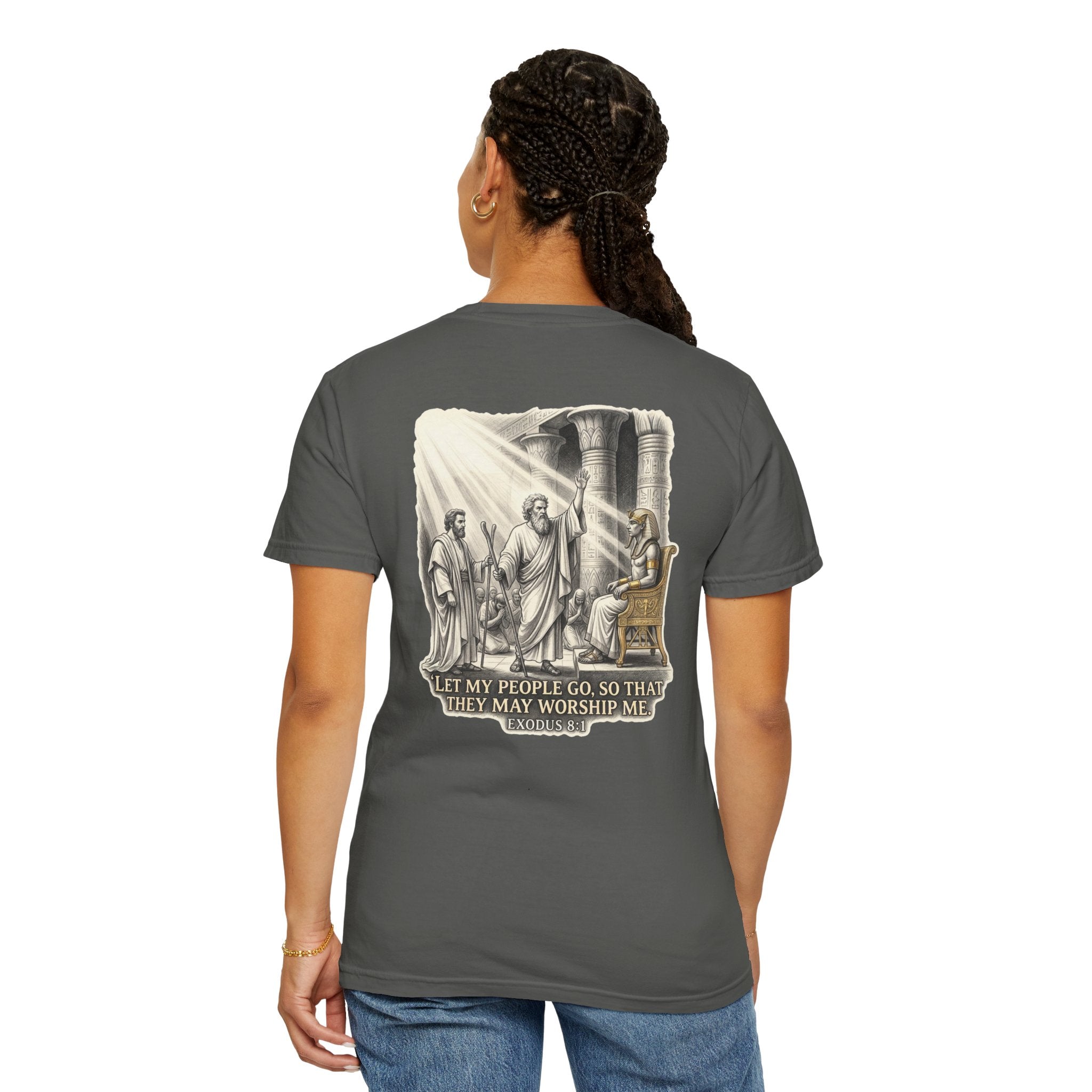 Religious T-Shirt — Small Cross Front & 'Let My People Go' Back Graphic