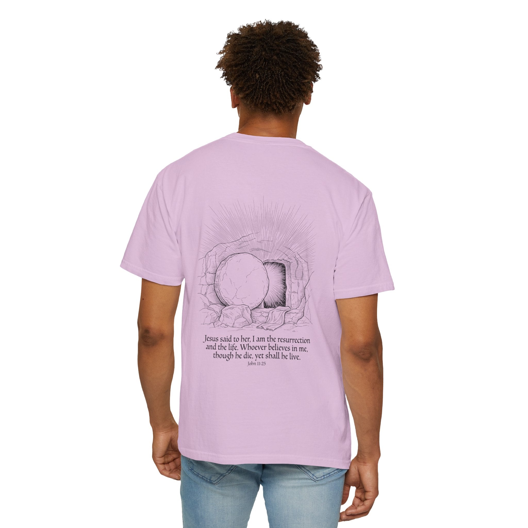 Christian Cross T-Shirt — Resurrection Tomb Design with John 11:25 Scripture