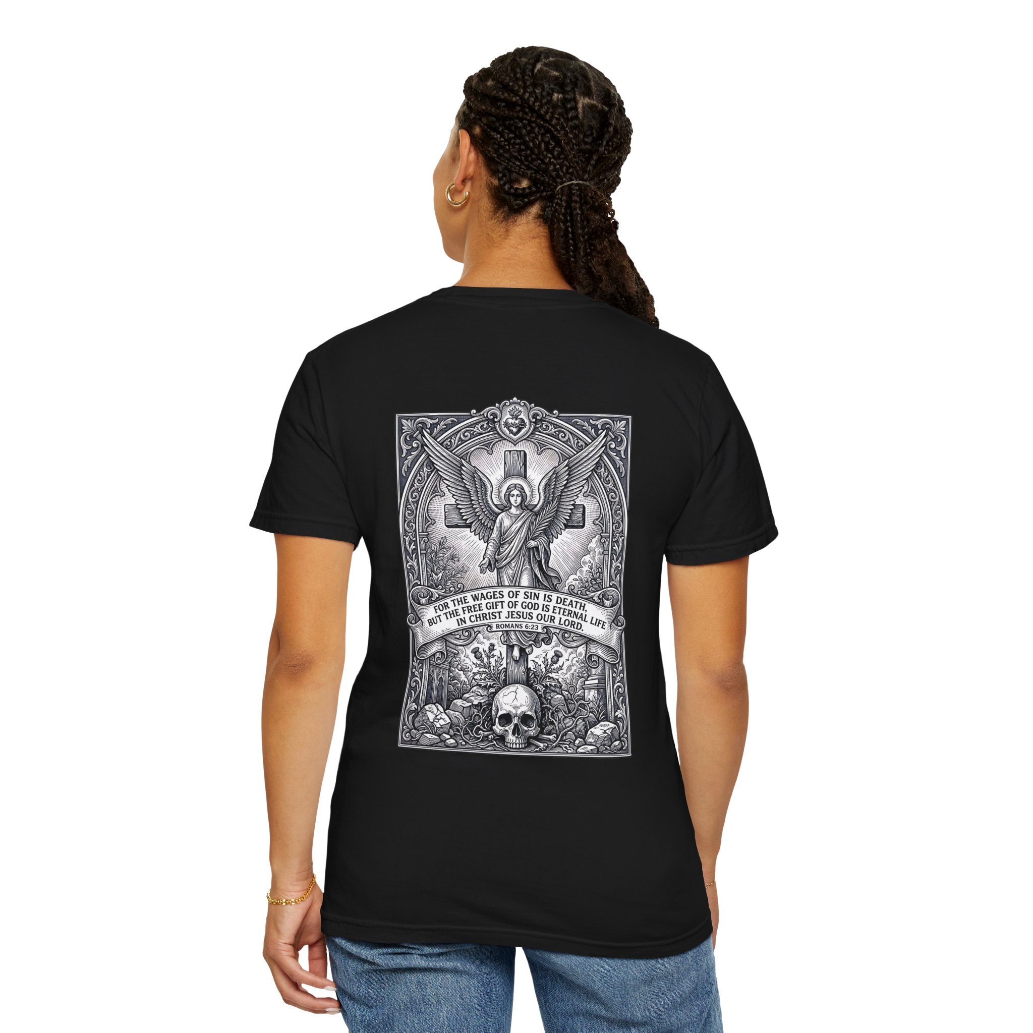 Religious Graphic T-Shirt — Angel, Skull & Scripture Back Print