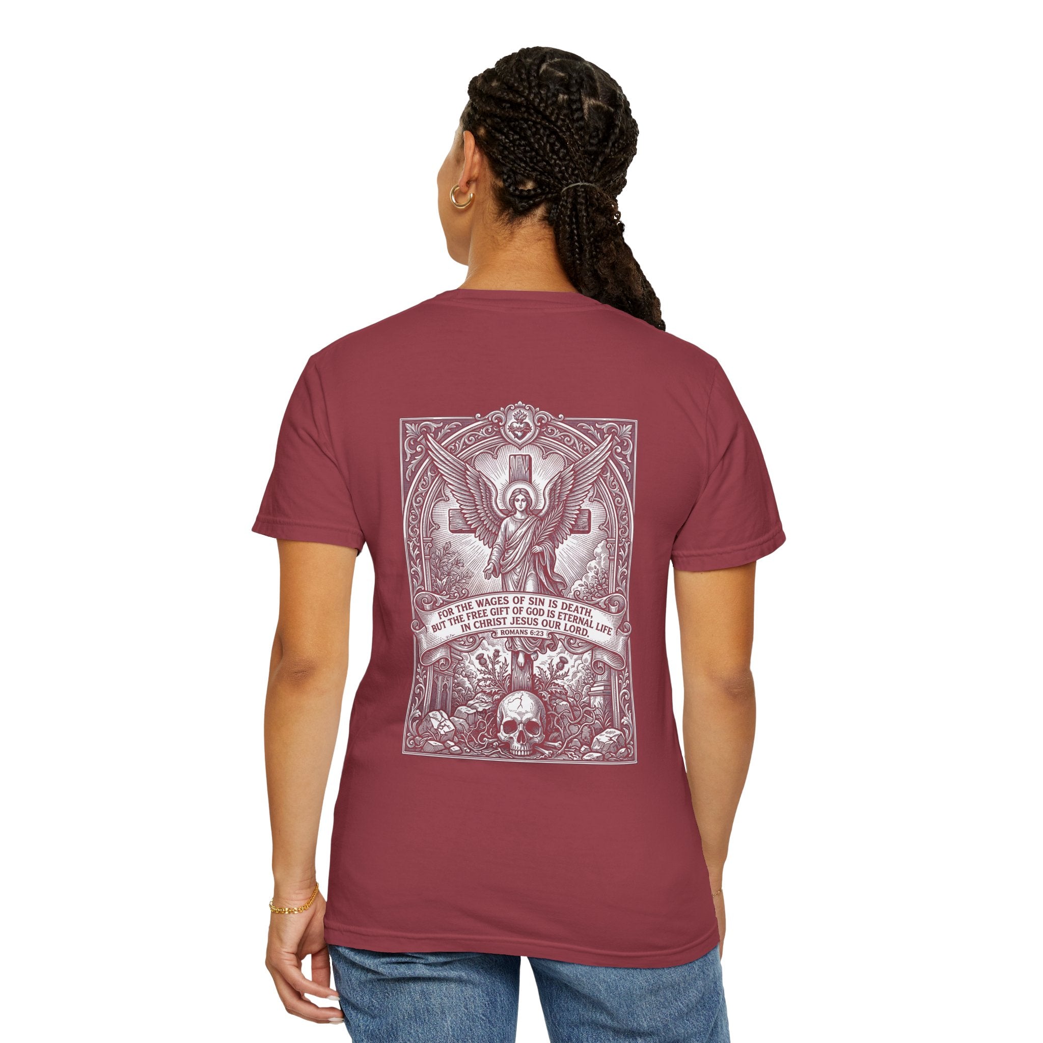 Religious Graphic T-Shirt — Angel, Skull & Scripture Back Print