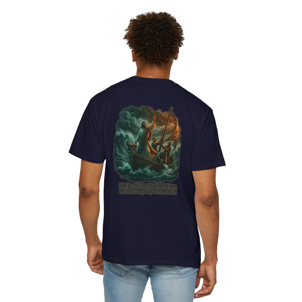Christian Faith T-Shirt — 'He Said, "Be Still"' Boat Scene with Matthew 8:23-27 Biblical Tee