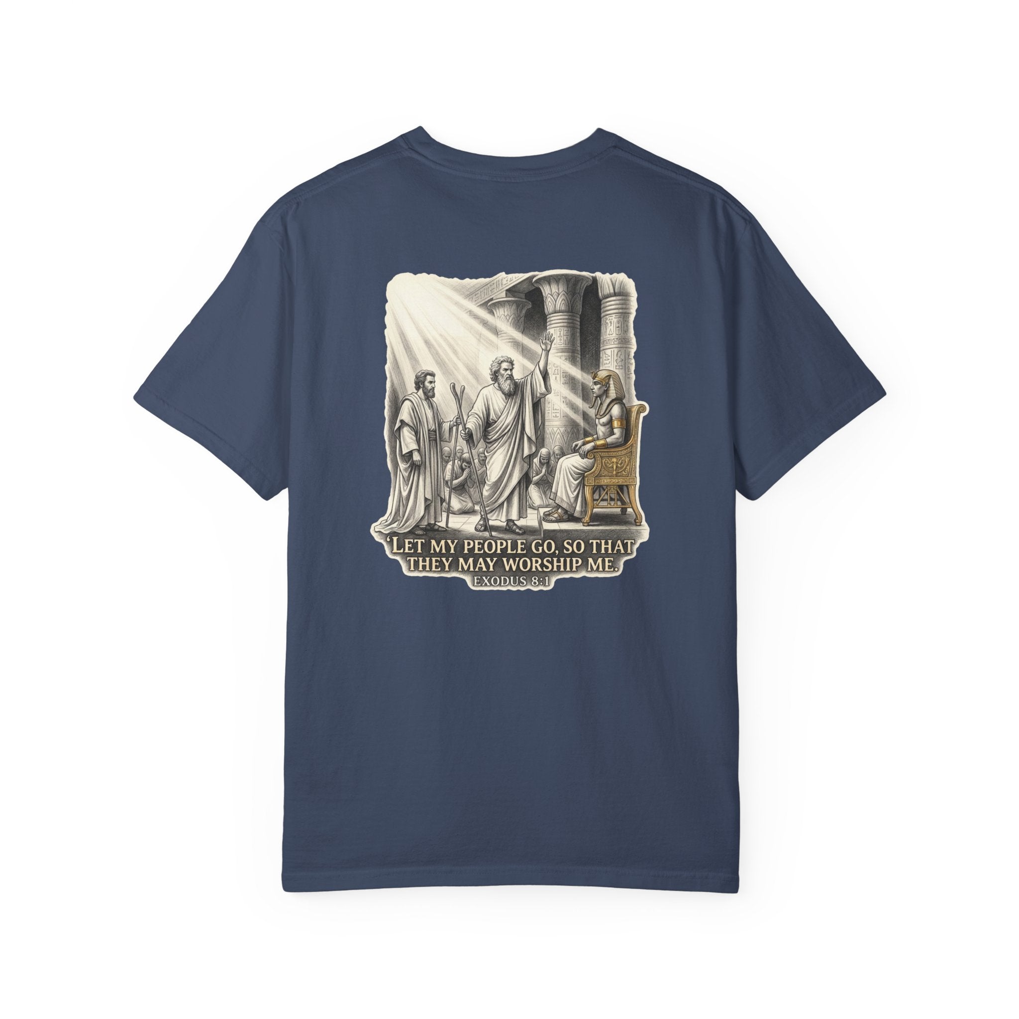 Religious T-Shirt — Small Cross Front & 'Let My People Go' Back Graphic
