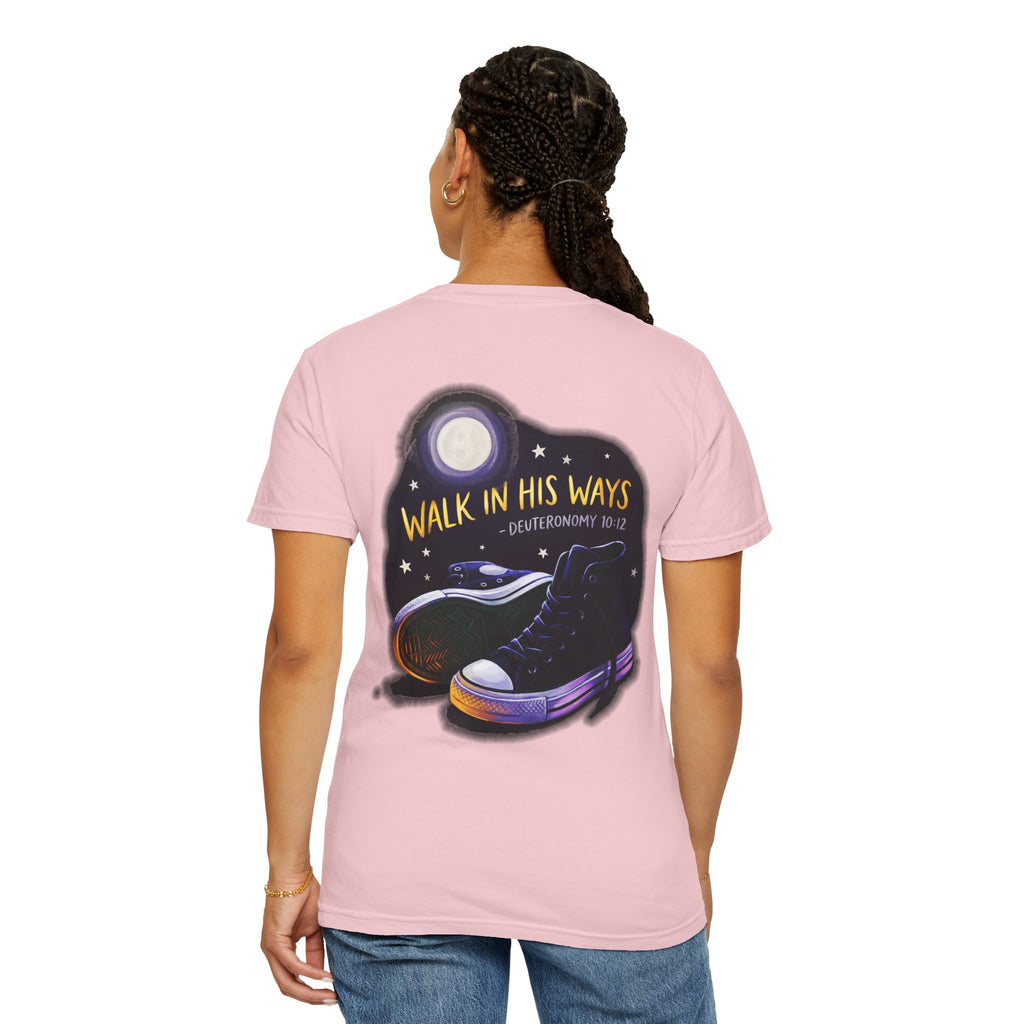 Walk in His Ways T-Shirt — Faith Cross Tee with Moonlit Sneakers (Deuteronomy 10:12)