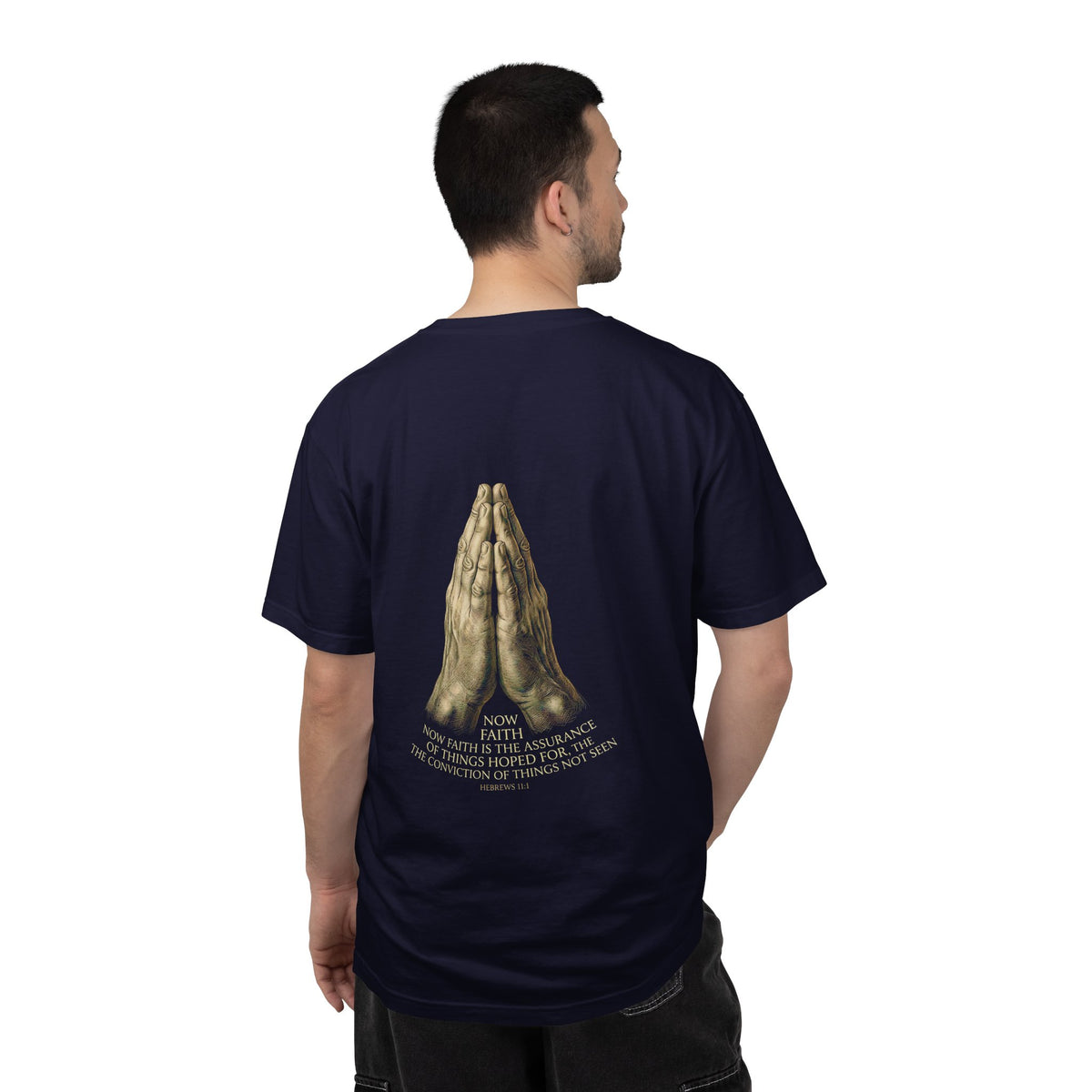 Prayer Hands Cross T‑Shirt — Christian Faith Tee with Back Scripture Design