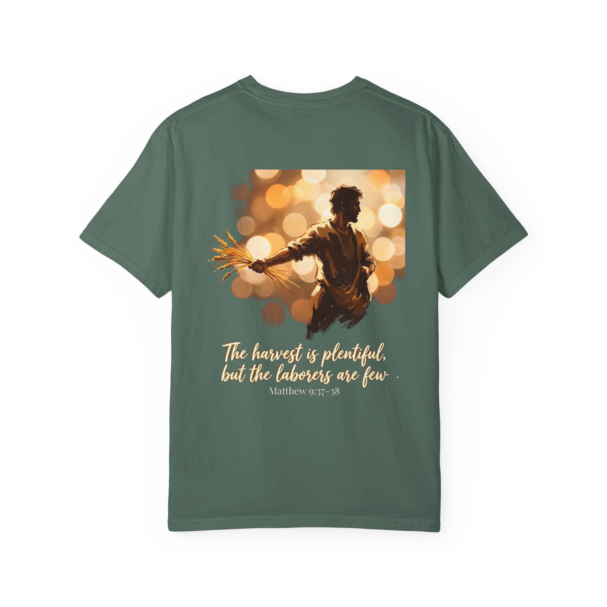Christian Cross T-Shirt — "The harvest is plentiful, but the laborers are few" Back Graphic