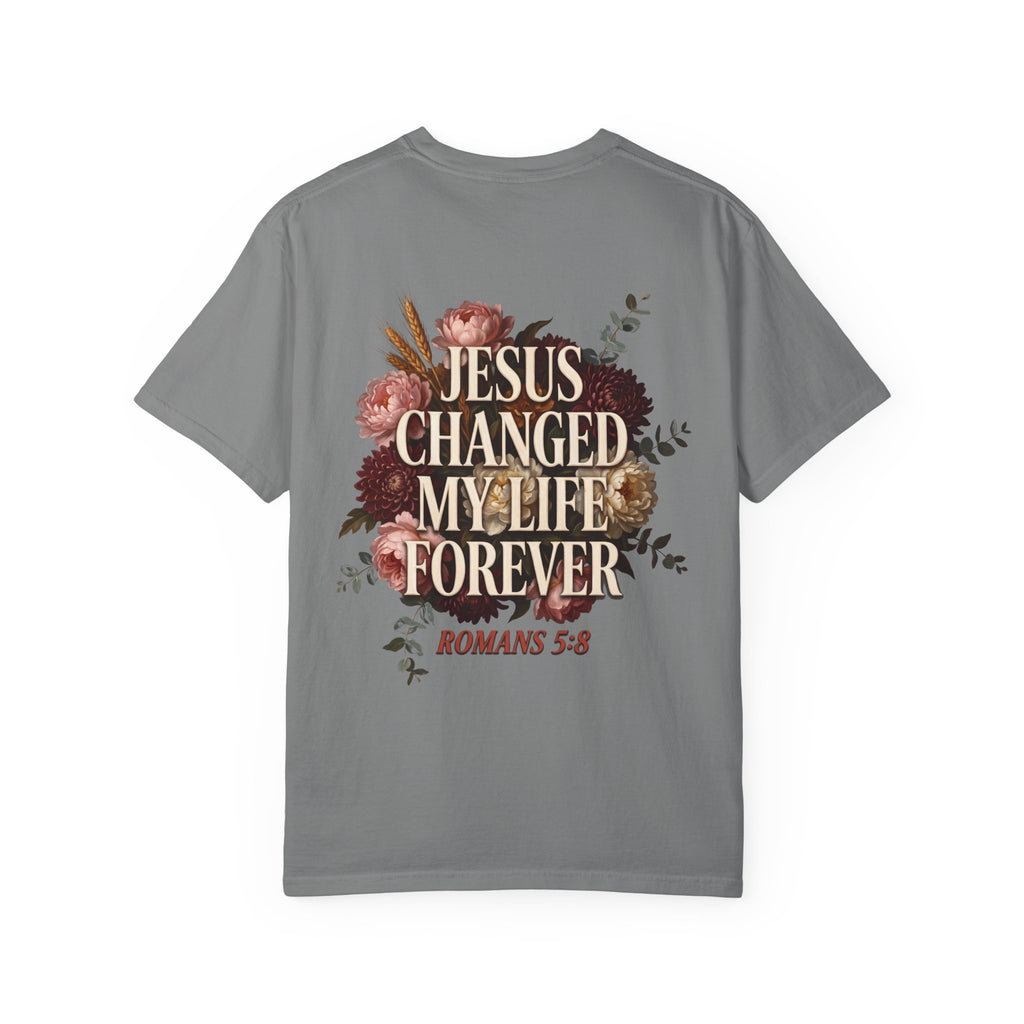 Christian T-Shirt — "Jesus Changed My Life Forever" Floral Cross Tee (Romans 5:8)