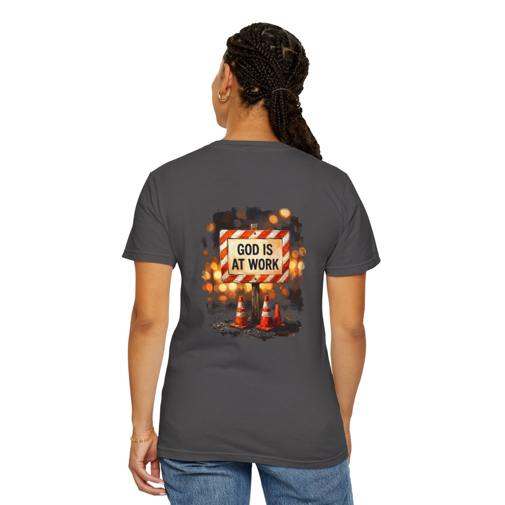 Christian T-Shirt — "God Is At Work" Cross Graphic Tee