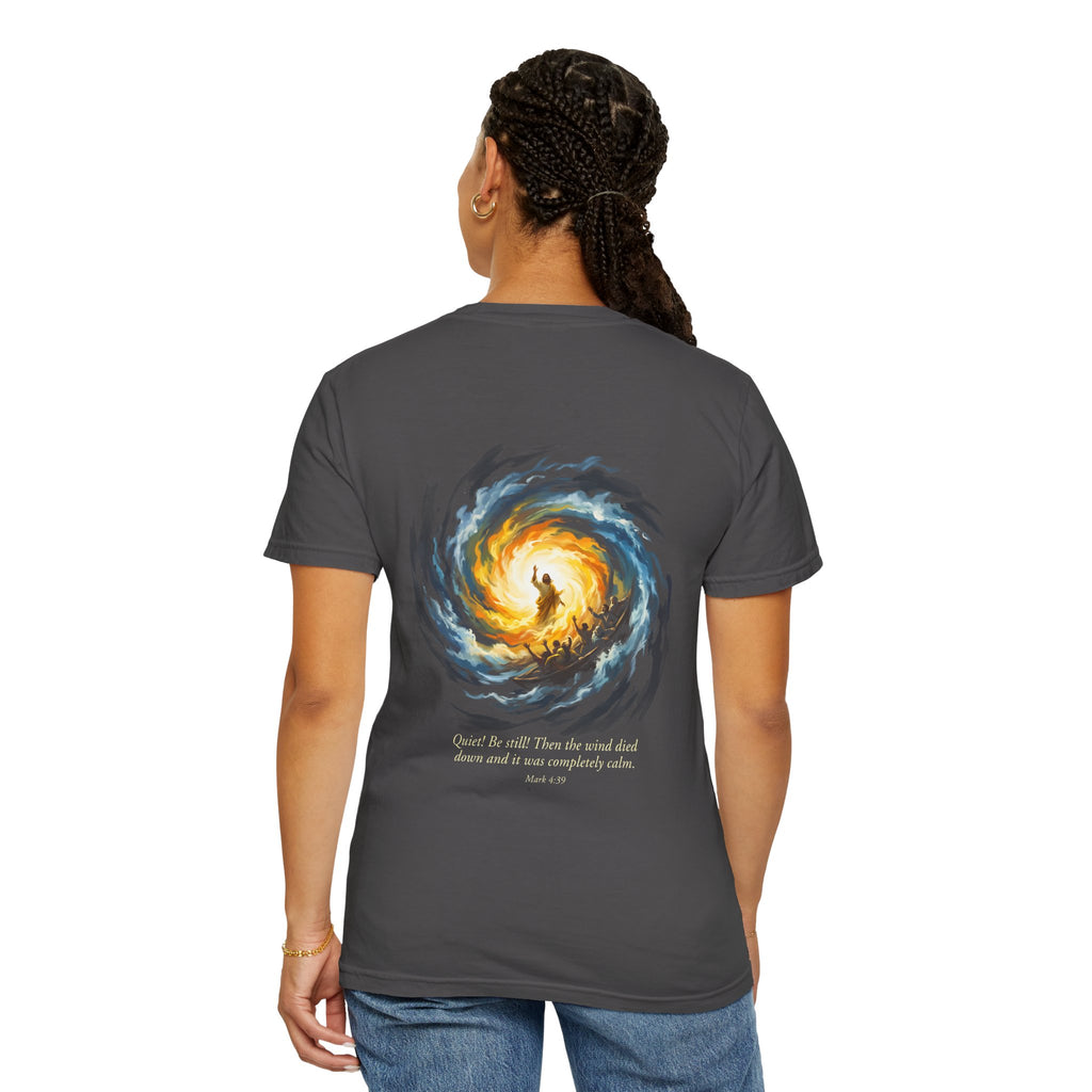 Christian T‑Shirt — Small Chest Cross & 'Quiet Be Still' Scripture Back Design