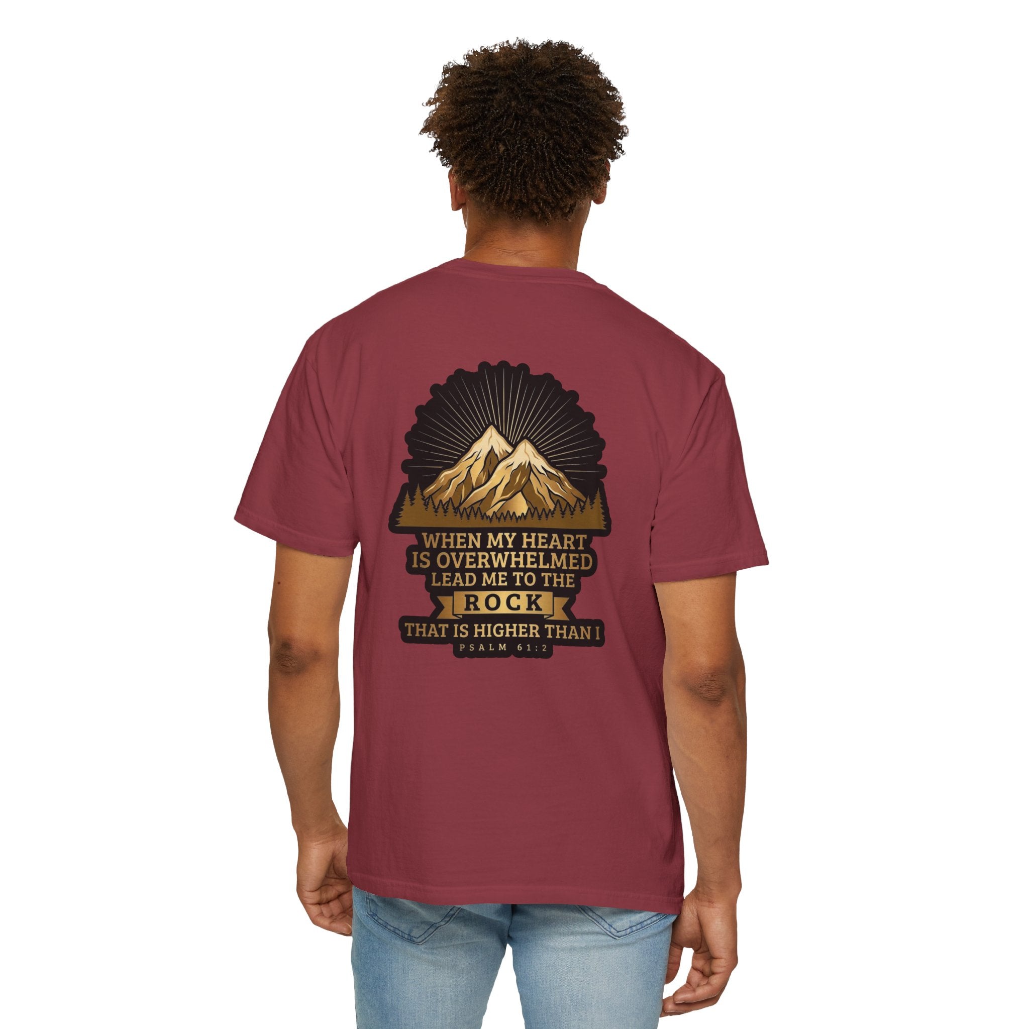 Christian T-Shirt — "When My Heart Is Overwhelmed" Psalm 61:2 Mountain Cross Tee