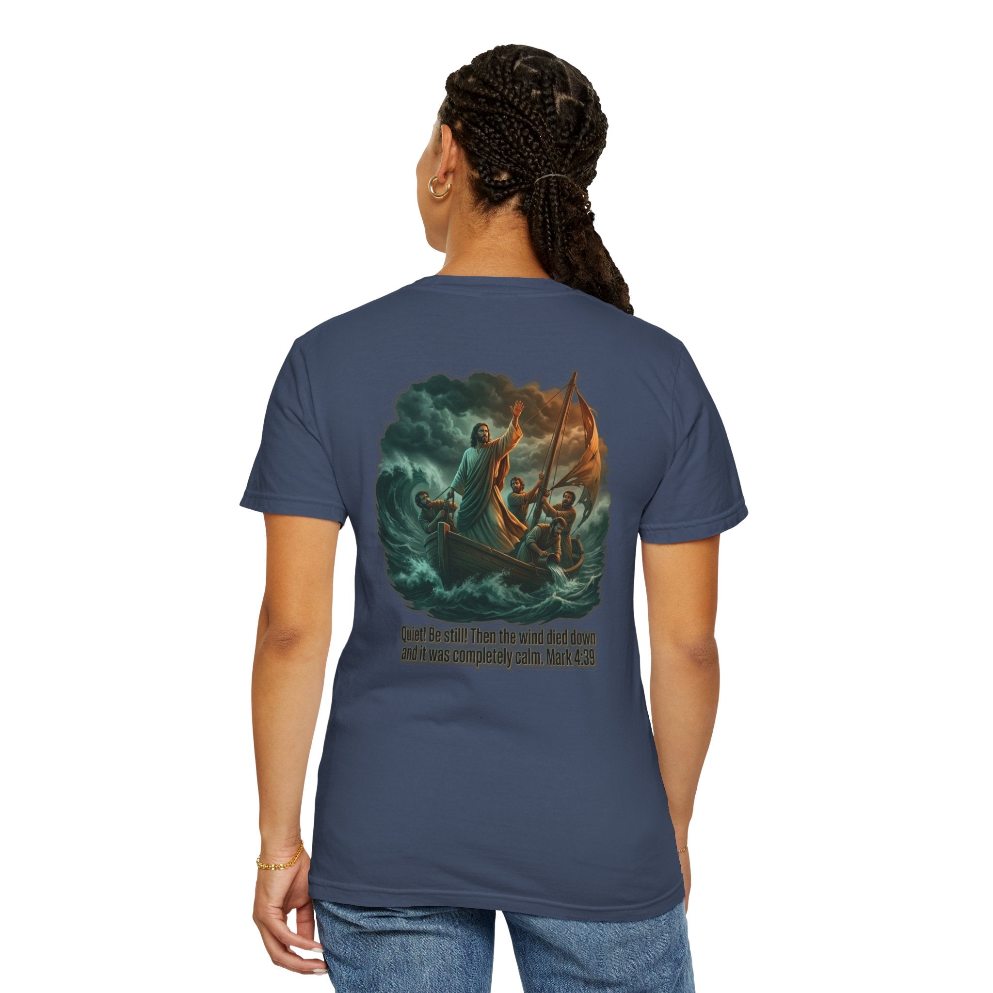 Christian Faith T-Shirt — 'He Said, "Be Still"' Boat Scene with Matthew 8:23-27 Biblical Tee