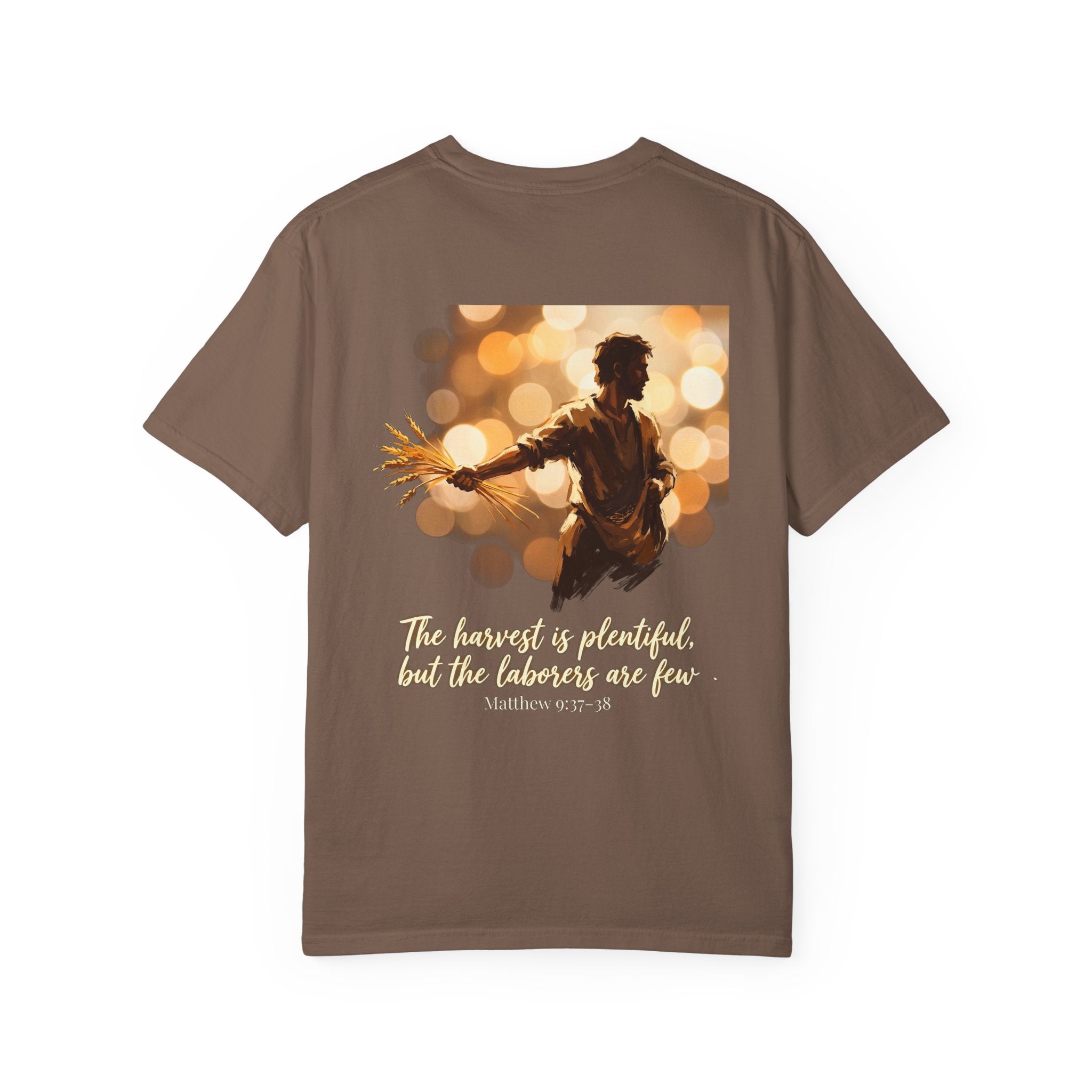 Christian Cross T-Shirt — "The harvest is plentiful, but the laborers are few" Back Graphic