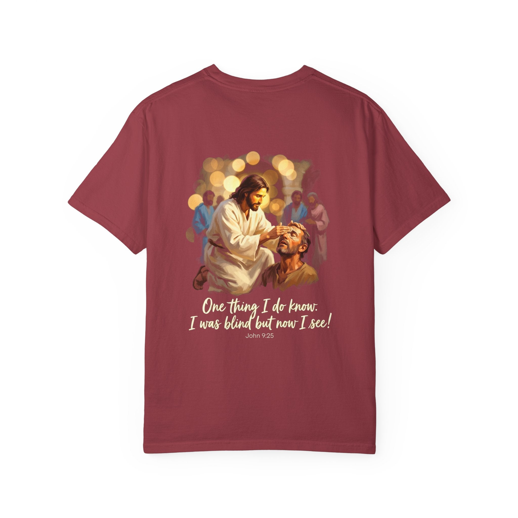 Christian T-Shirt — Jesus Healing the Blind "One thing I do know: I was blind but now I see"