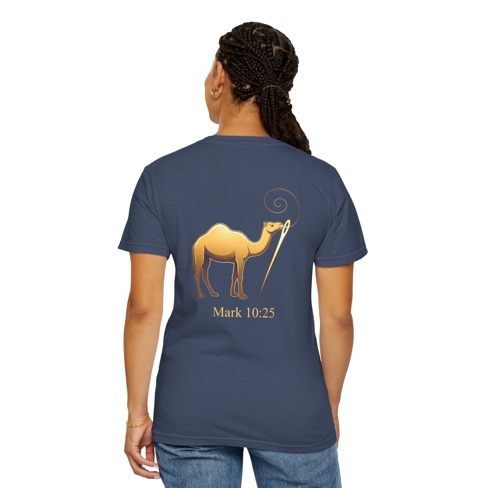 Christian Cross T-Shirt with Gold Camel & "Mark 10:25" Back — Religious Faith Tee