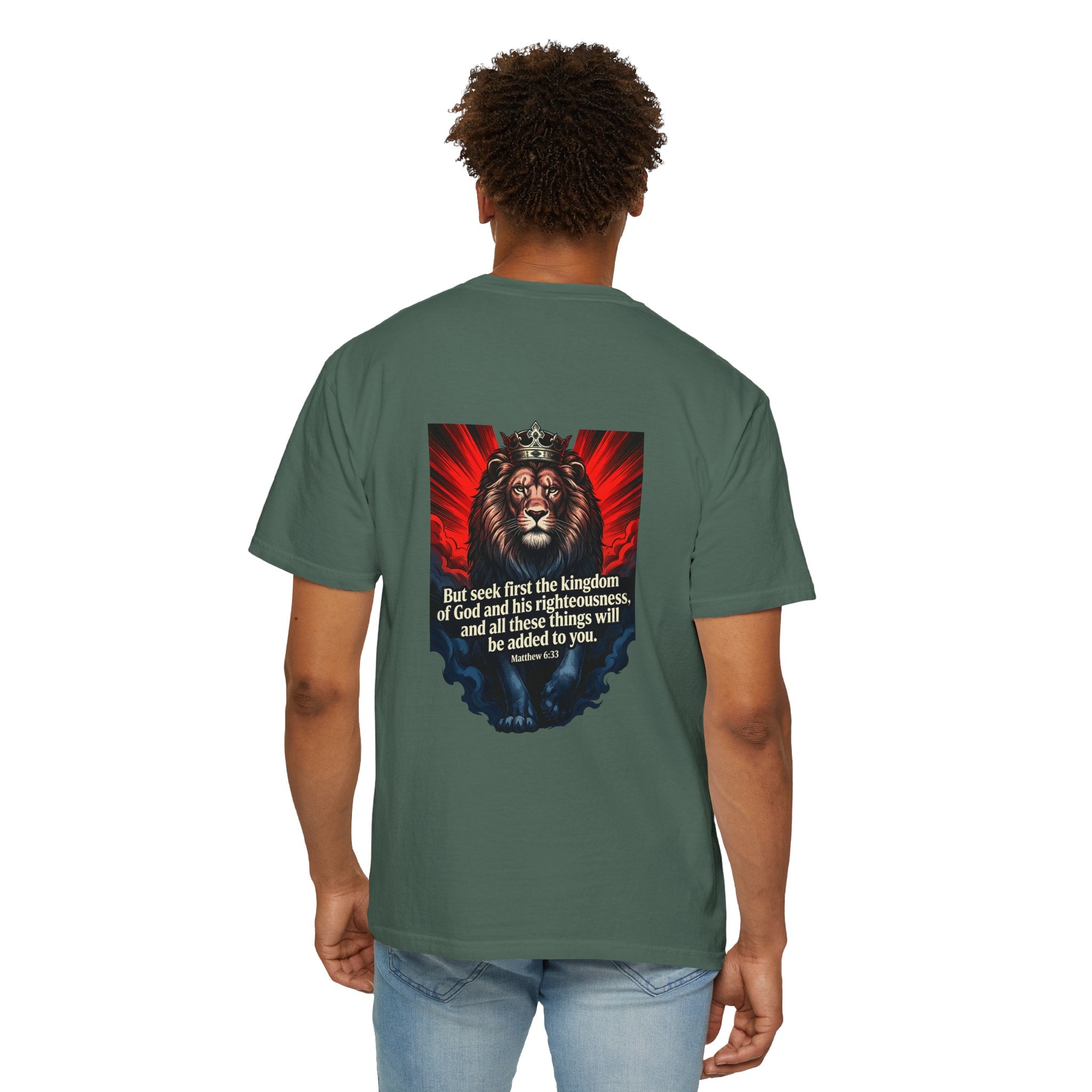 Christian Lion T-Shirt — 'But seek first the kingdom of God' Scripture Tee